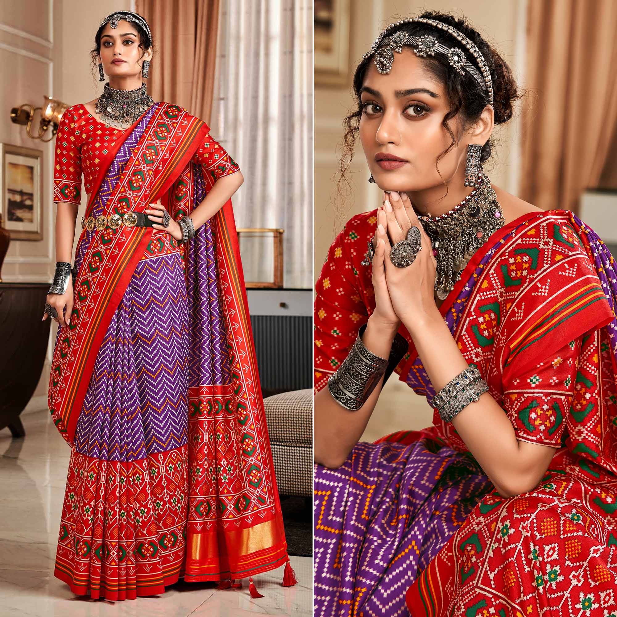 Purple & Red Patola Printed Tussar Silk Saree