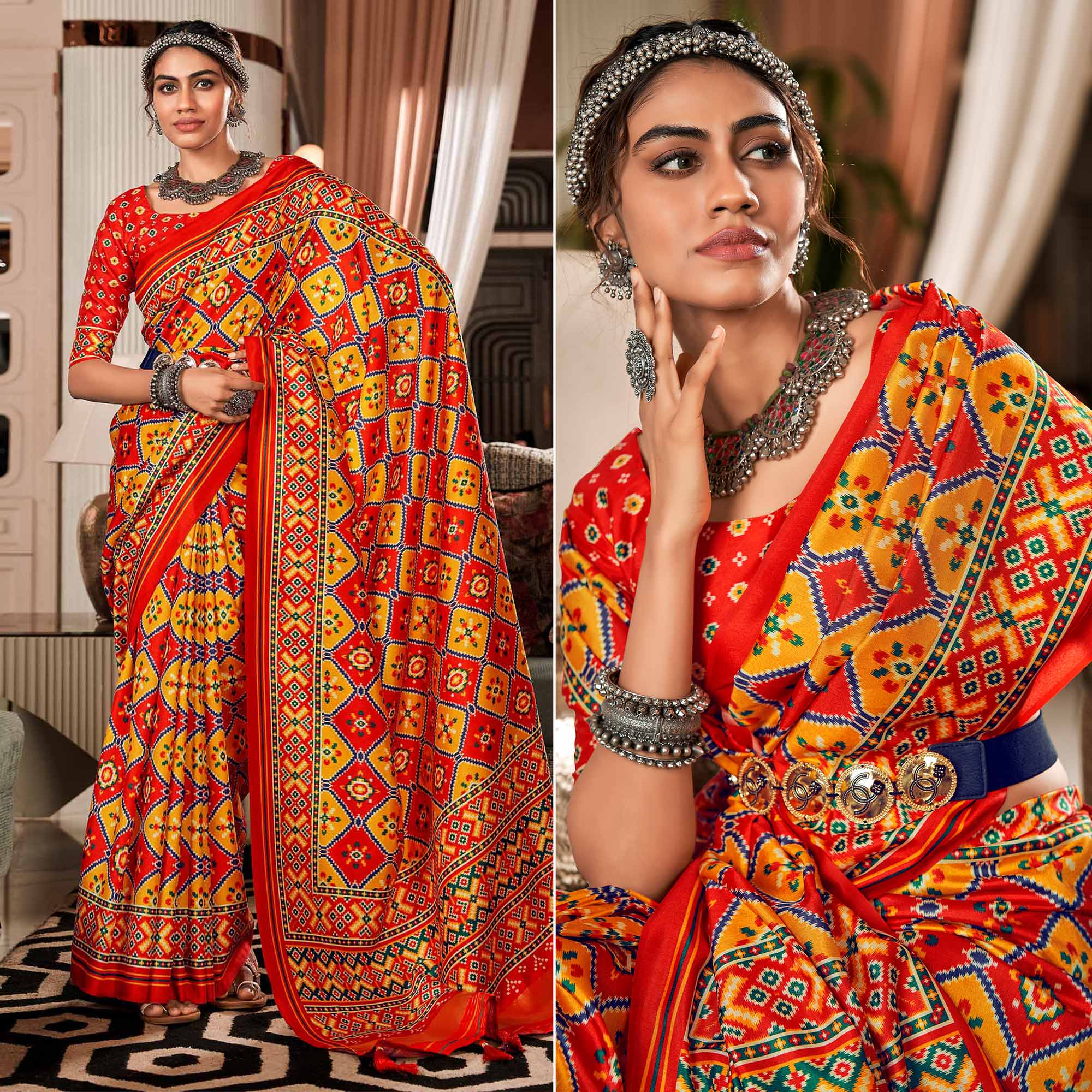 Red & Yellow Patola Printed Tussar Silk Saree