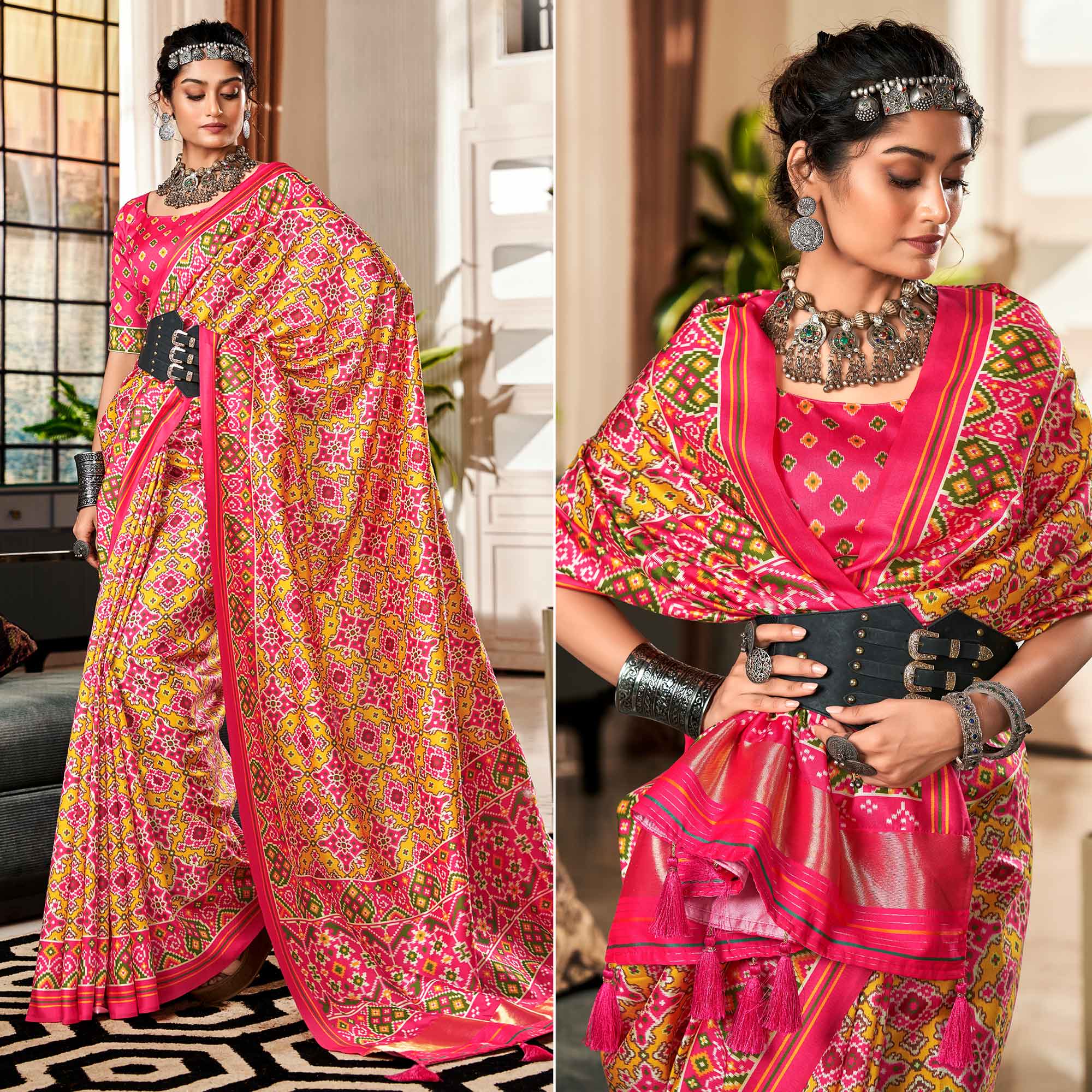 Yellow & Pink Patola Printed Tussar Silk Saree