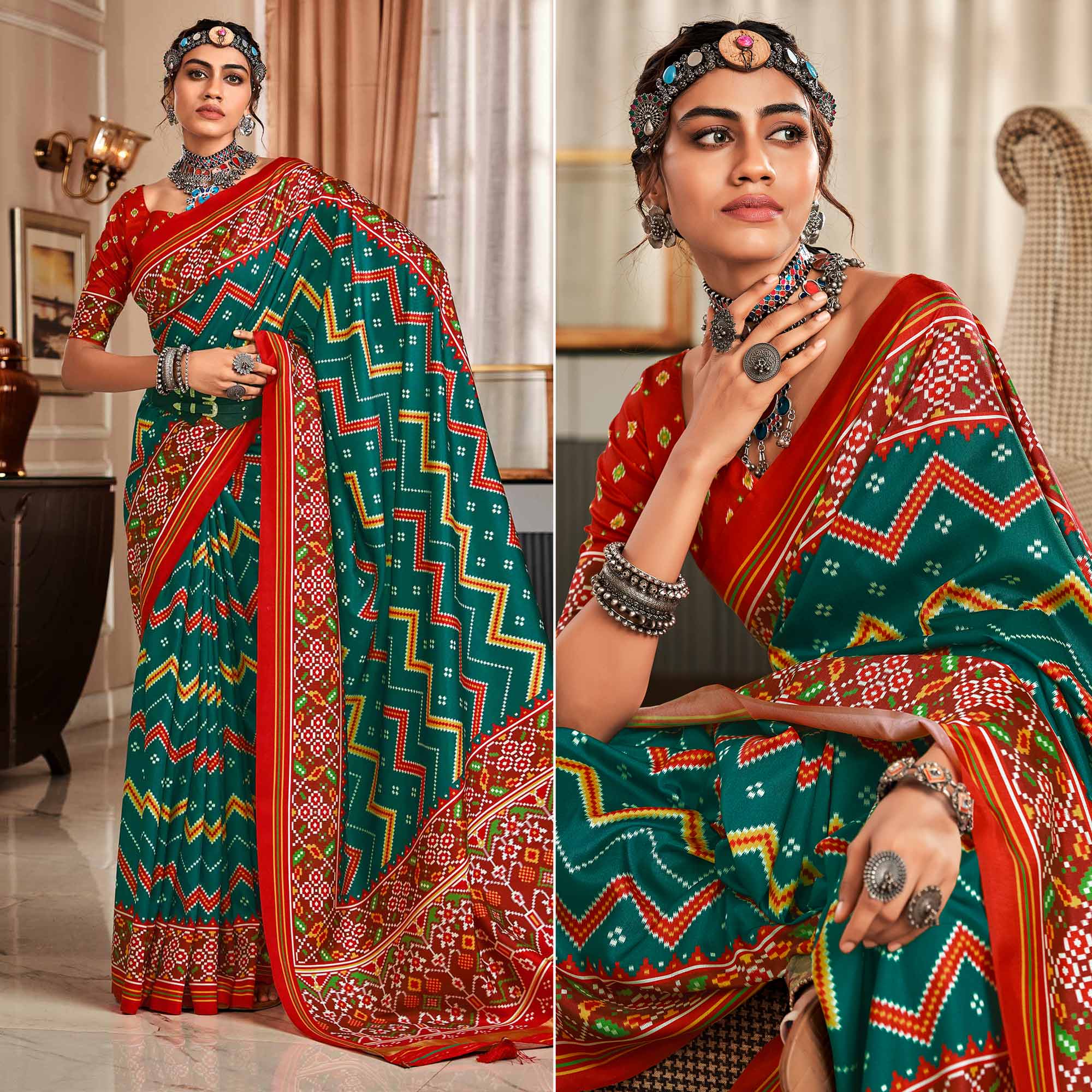 Rama Green & Red Patola Printed Tussar Silk Saree