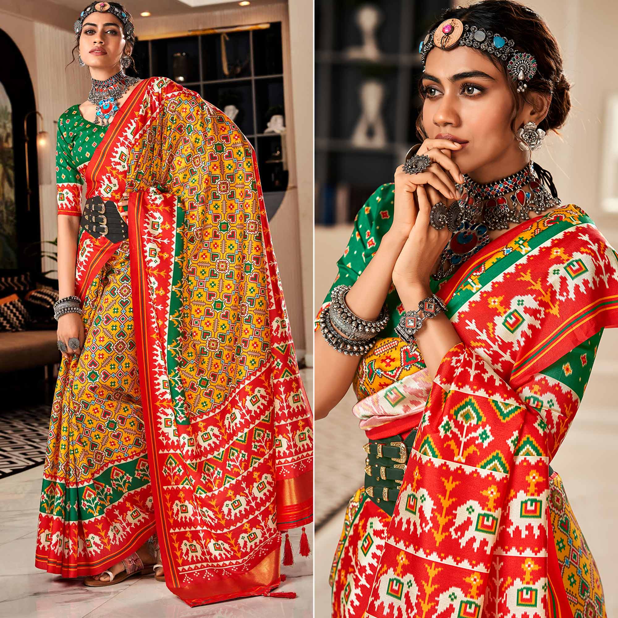 Yellow & Red Patola Printed Tussar Silk Saree