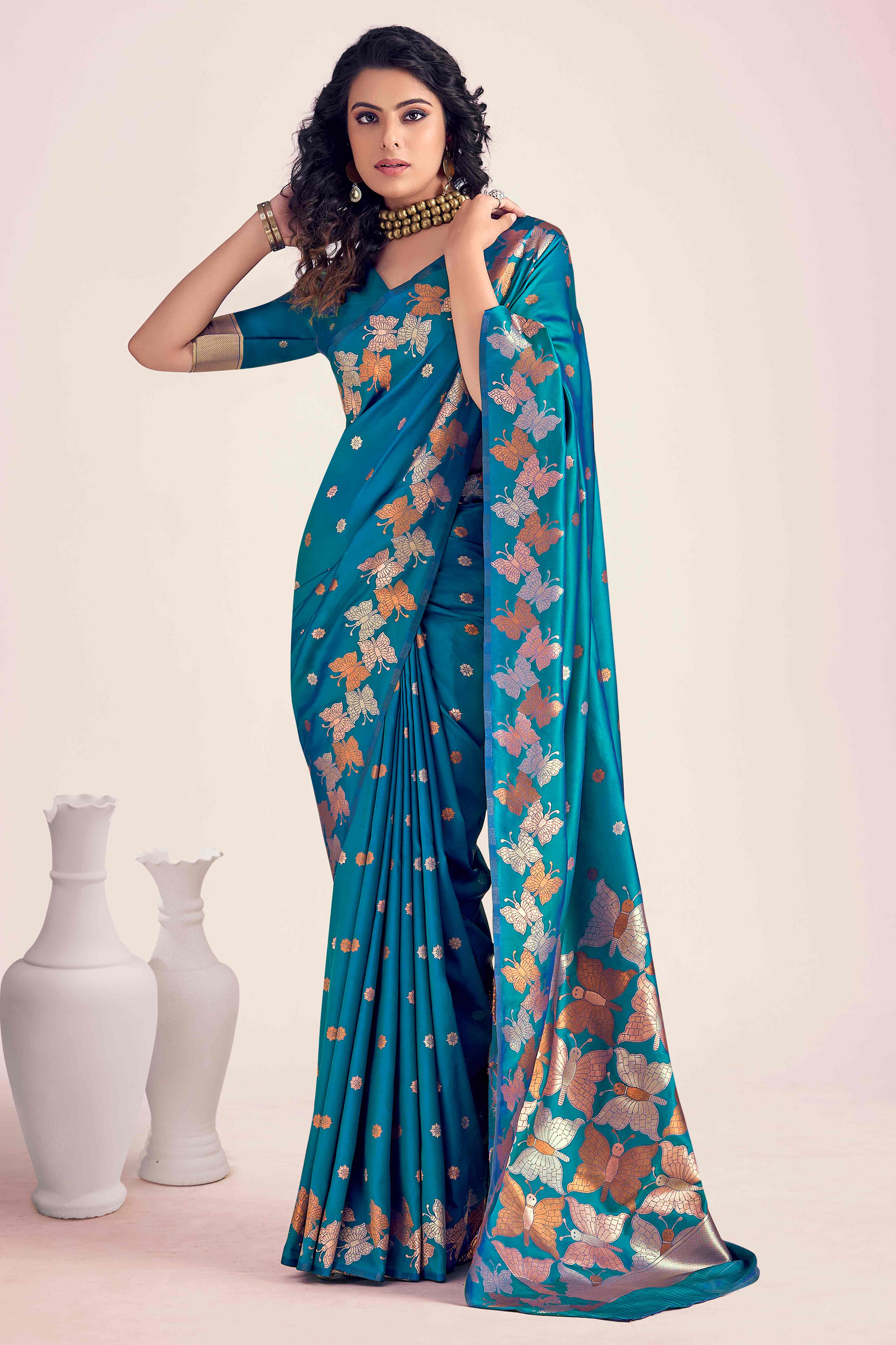 Morpich Blue Banarasi Silk Saree With Zari Woven Floral & Butterfly Motifs