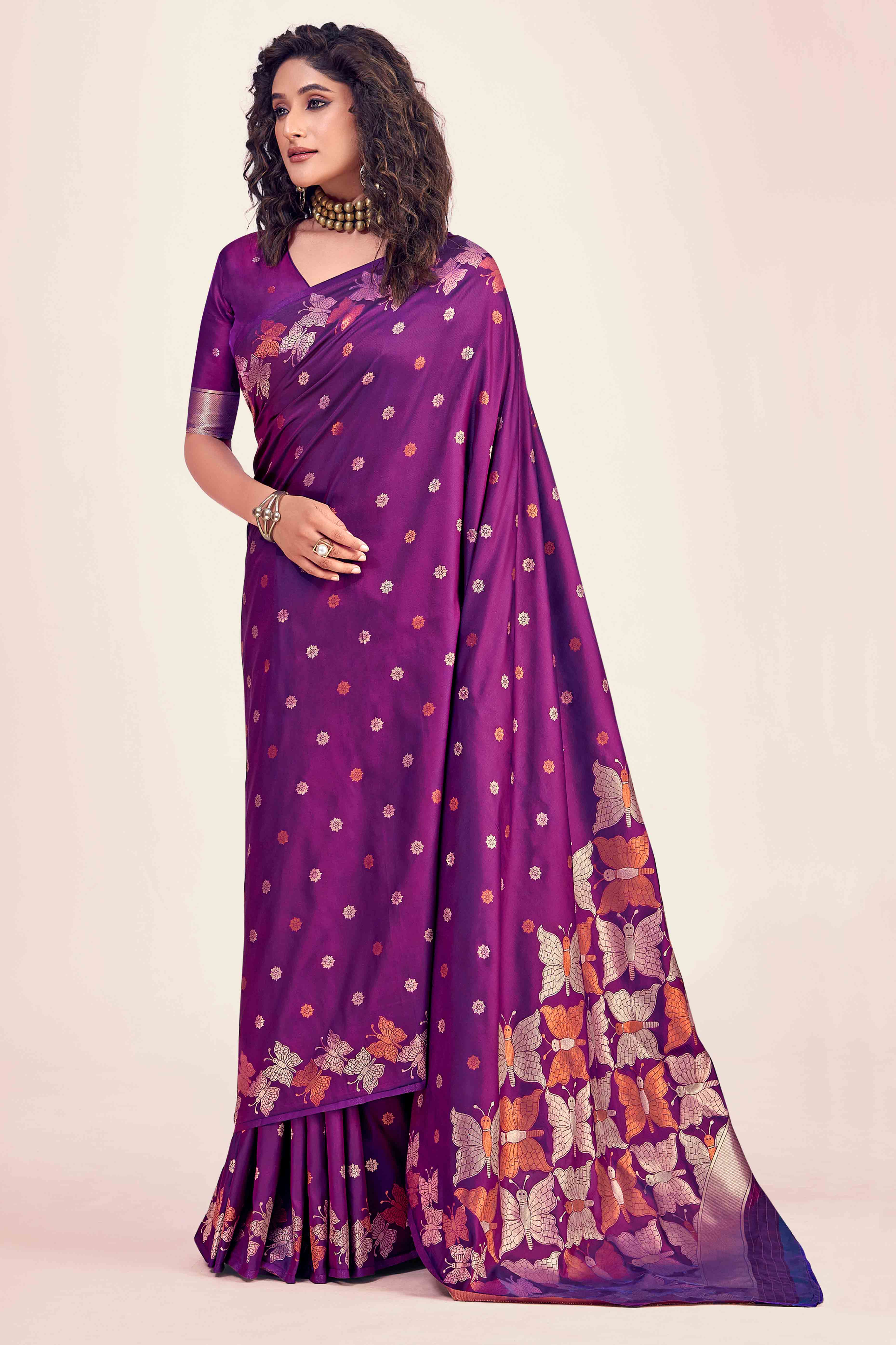 Purple Banarasi Silk Saree With Zari Woven Floral & Butterfly Motifs