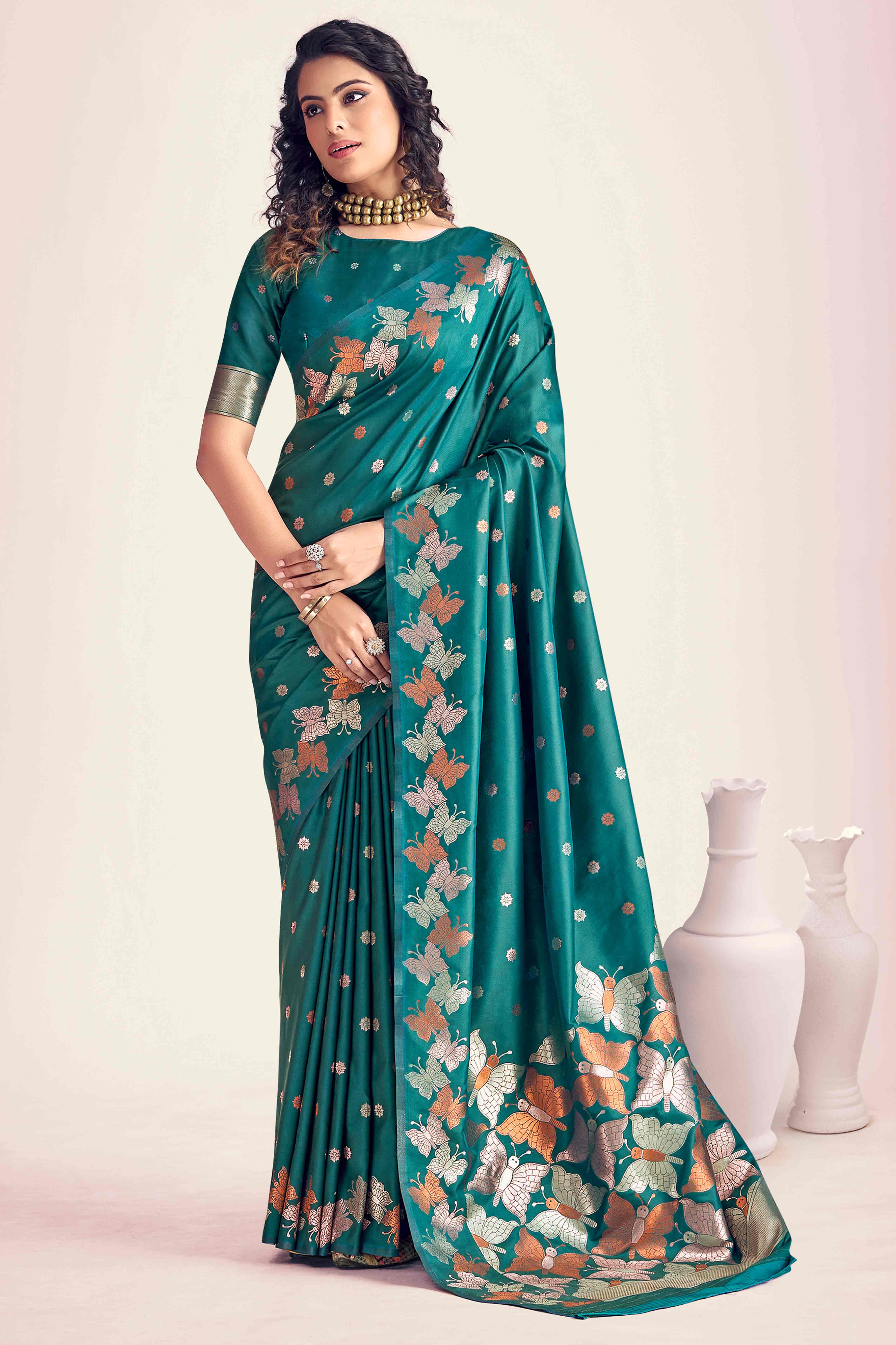 Teal Banarasi Silk Saree With Zari Woven Floral & Butterfly Motifs
