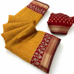 Pure Mulmul Cotton Saree in Mustard with Heritage Block Prints and Zari Detailing