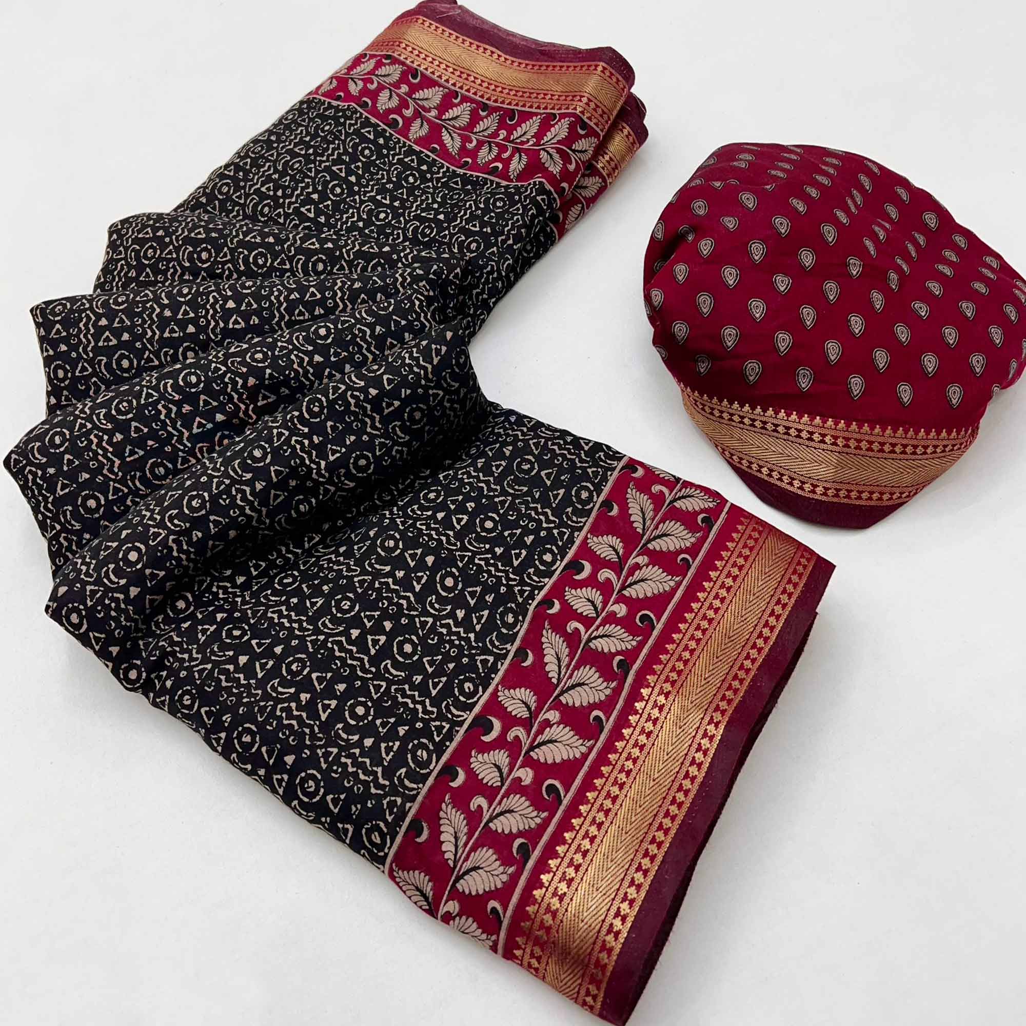 Pure Mulmul Cotton Saree in Black with Heritage Block Prints and Zari Detailing