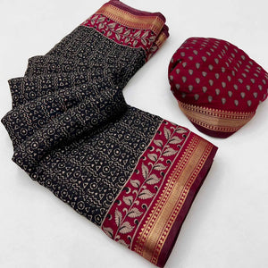 Pure Mulmul Cotton Saree in Black with Heritage Block Prints and Zari Detailing