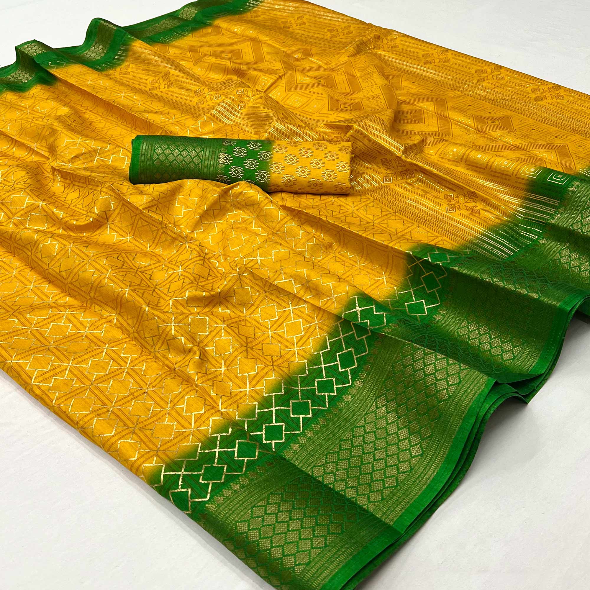 Mustard Foil Printed Dola Silk Saree