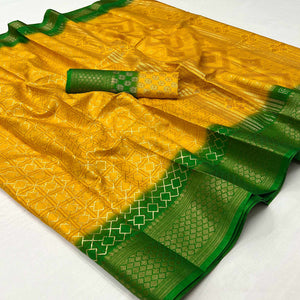 Mustard Foil Printed Dola Silk Saree