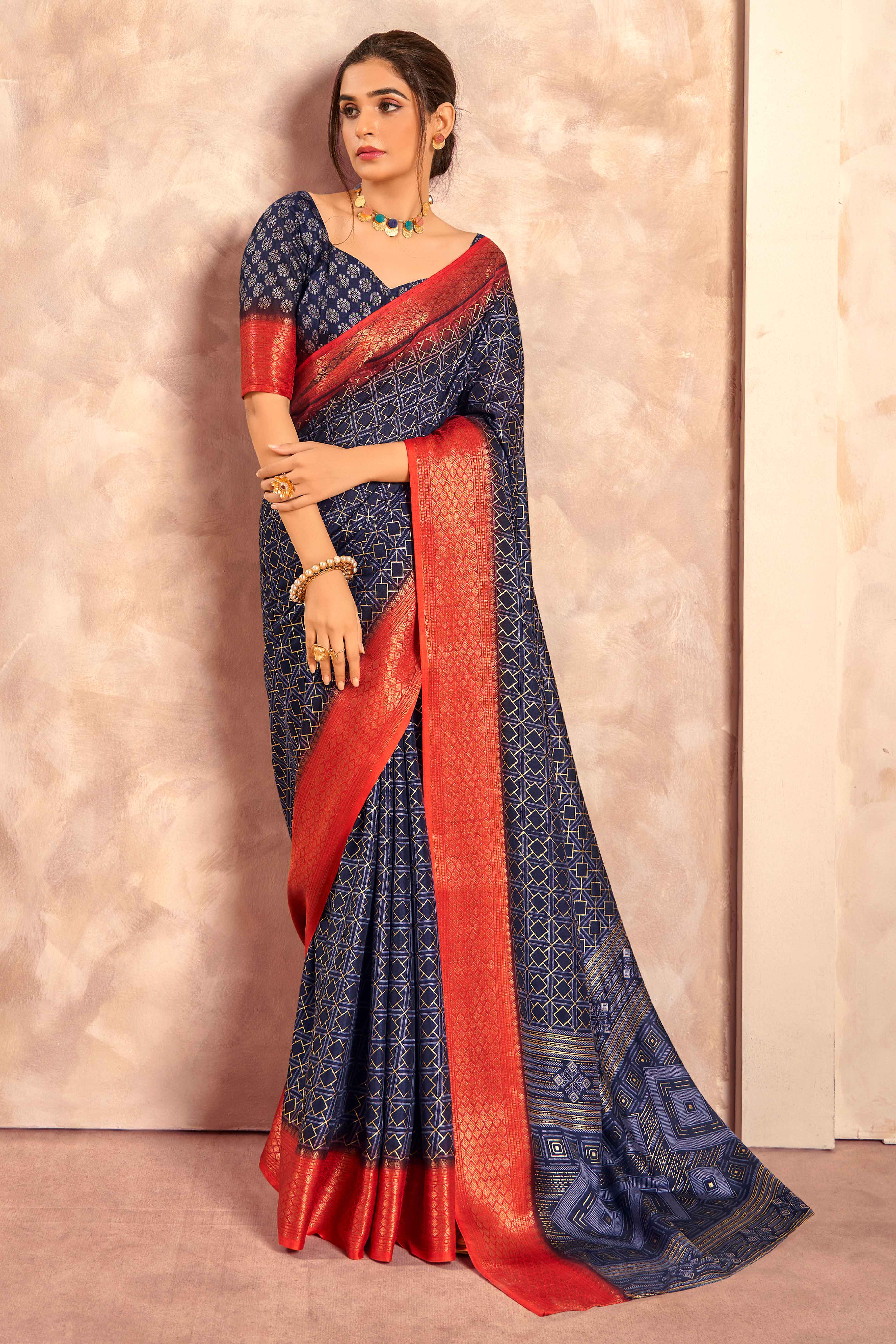 Navy Blue Geometric Foil Printed Dola Silk Saree With Woven Border