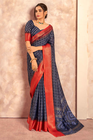 Navy Blue Geometric Foil Printed Dola Silk Saree With Woven Border