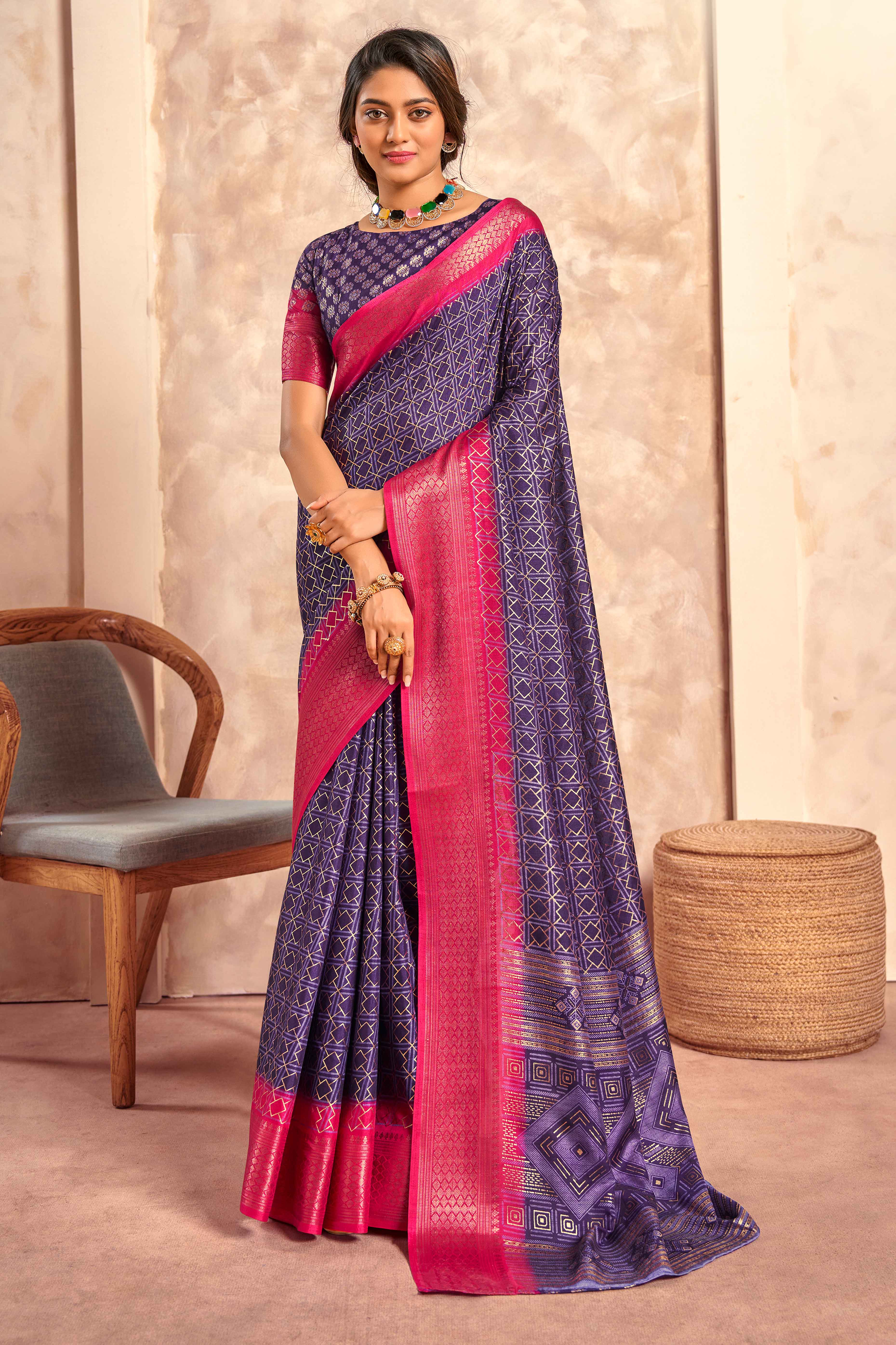 Violet Geometric Foil Printed Dola Silk Saree With Woven Border