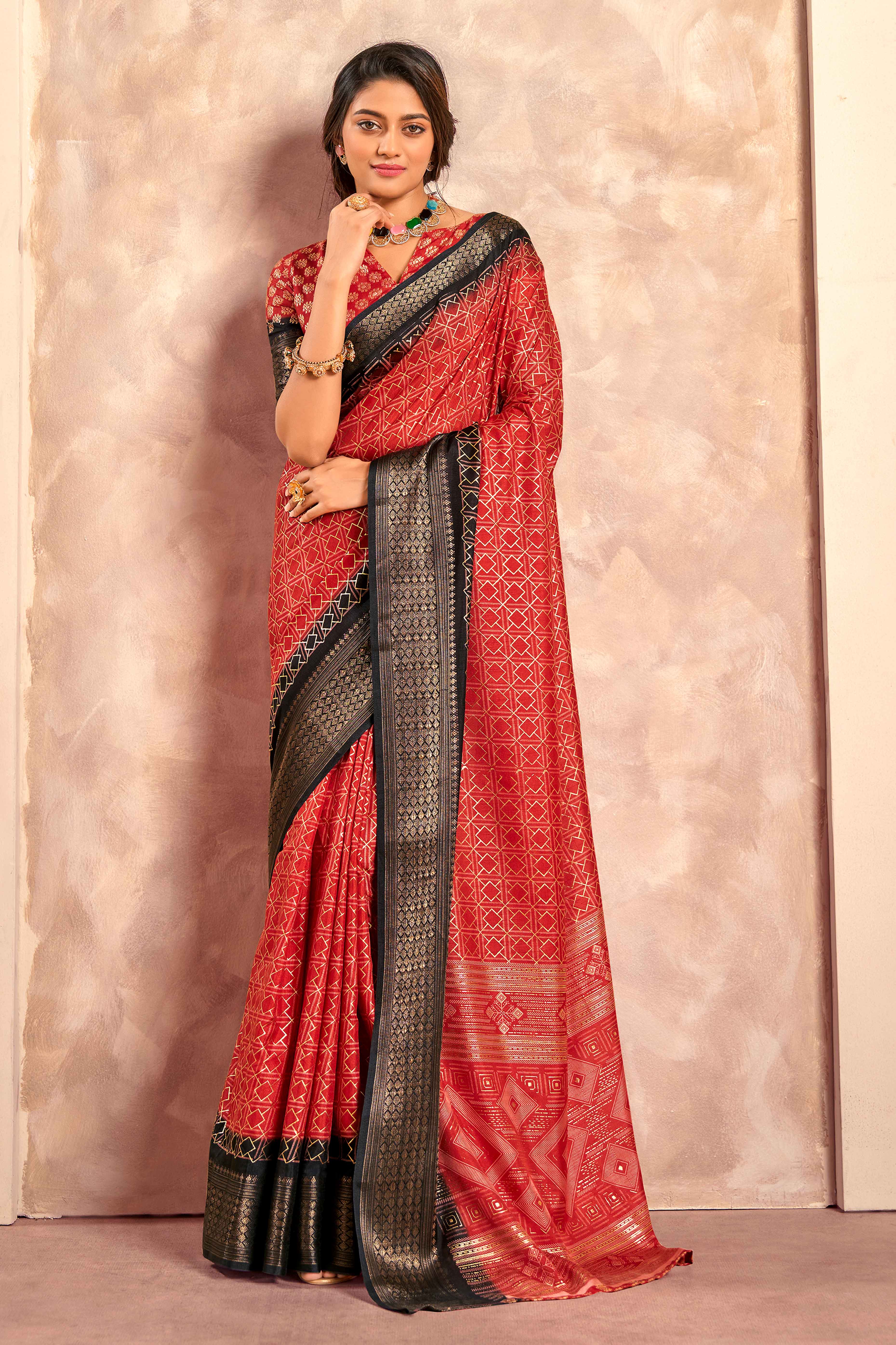 Red Geometric Foil Printed Dola Silk Saree With Woven Border