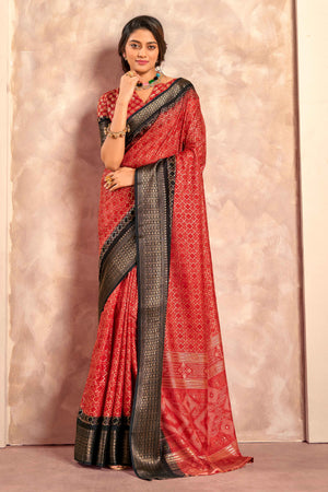 Red Geometric Foil Printed Dola Silk Saree With Woven Border