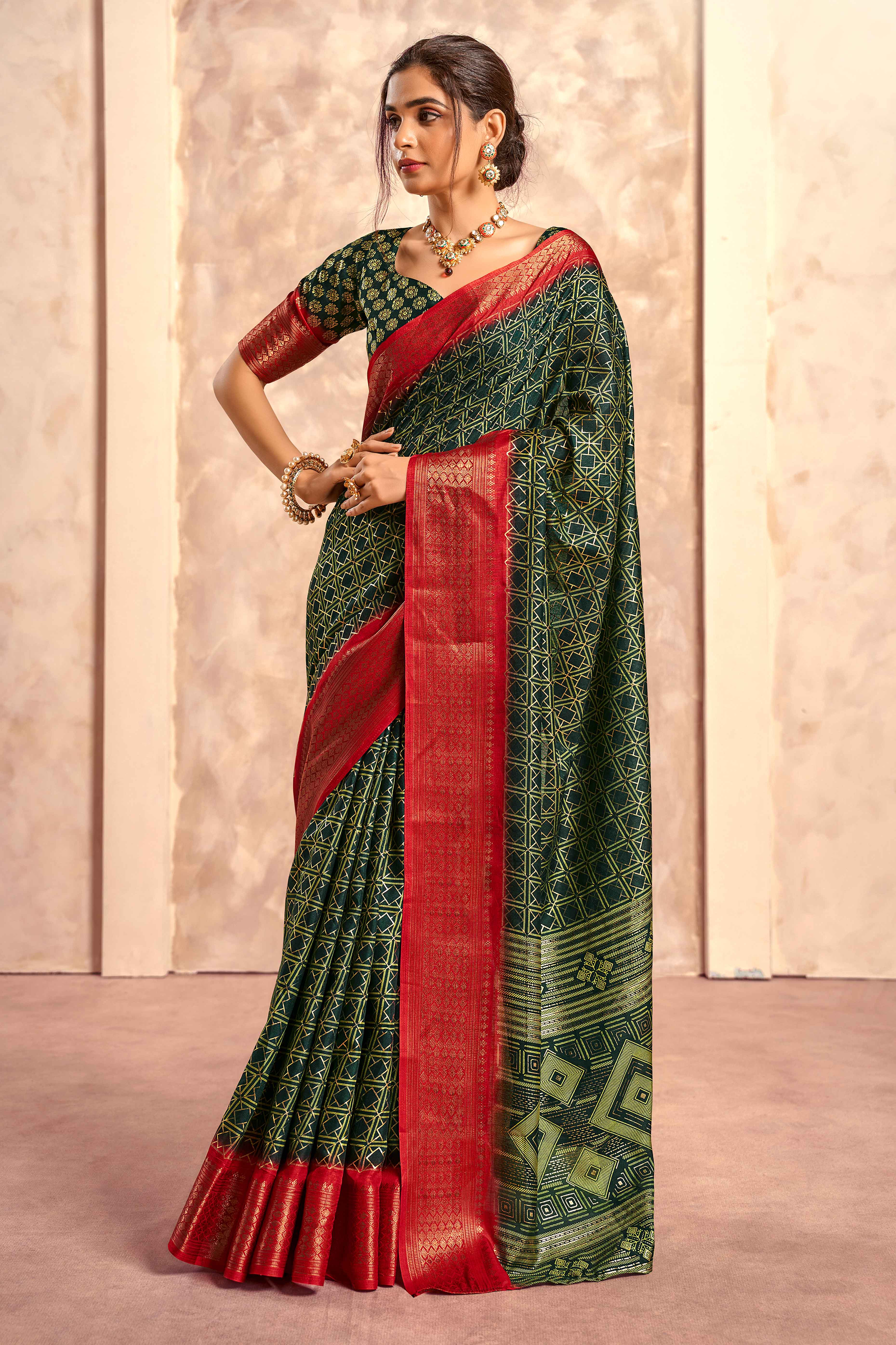 Green Geometric Foil Printed Dola Silk Saree With Woven Border