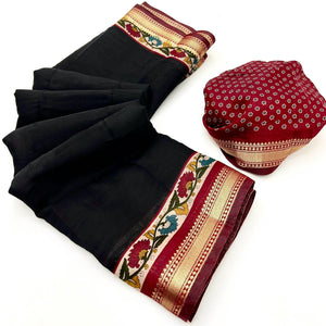 Black Soft Mul Cotton Saree with Kalamkari Pallu & Zari border