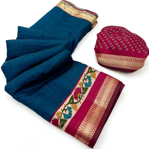 Teal Soft Mul Cotton Saree with Kalamkari Pallu & Zari border