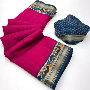 Magenta Soft Mul Cotton Saree with Kalamkari Pallu & Zari border