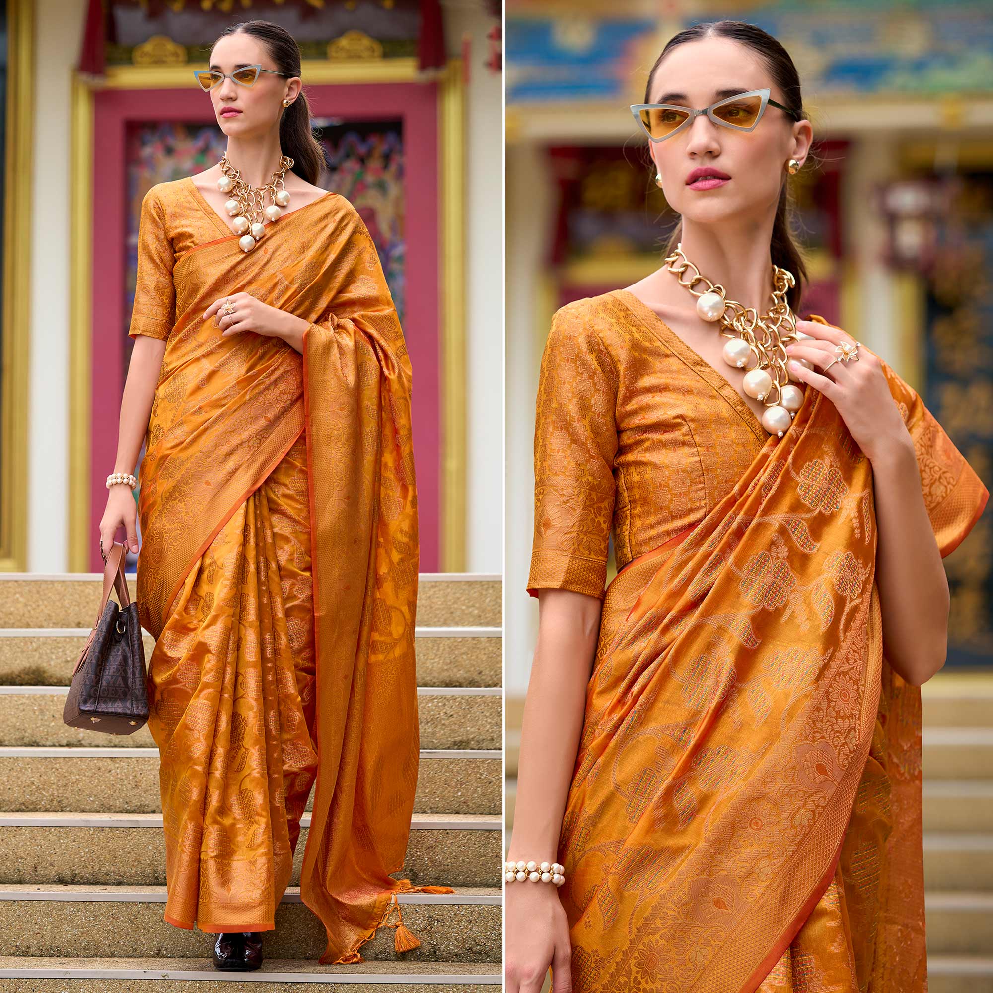 Warm Orange Floral Motifs Woven Organza Saree