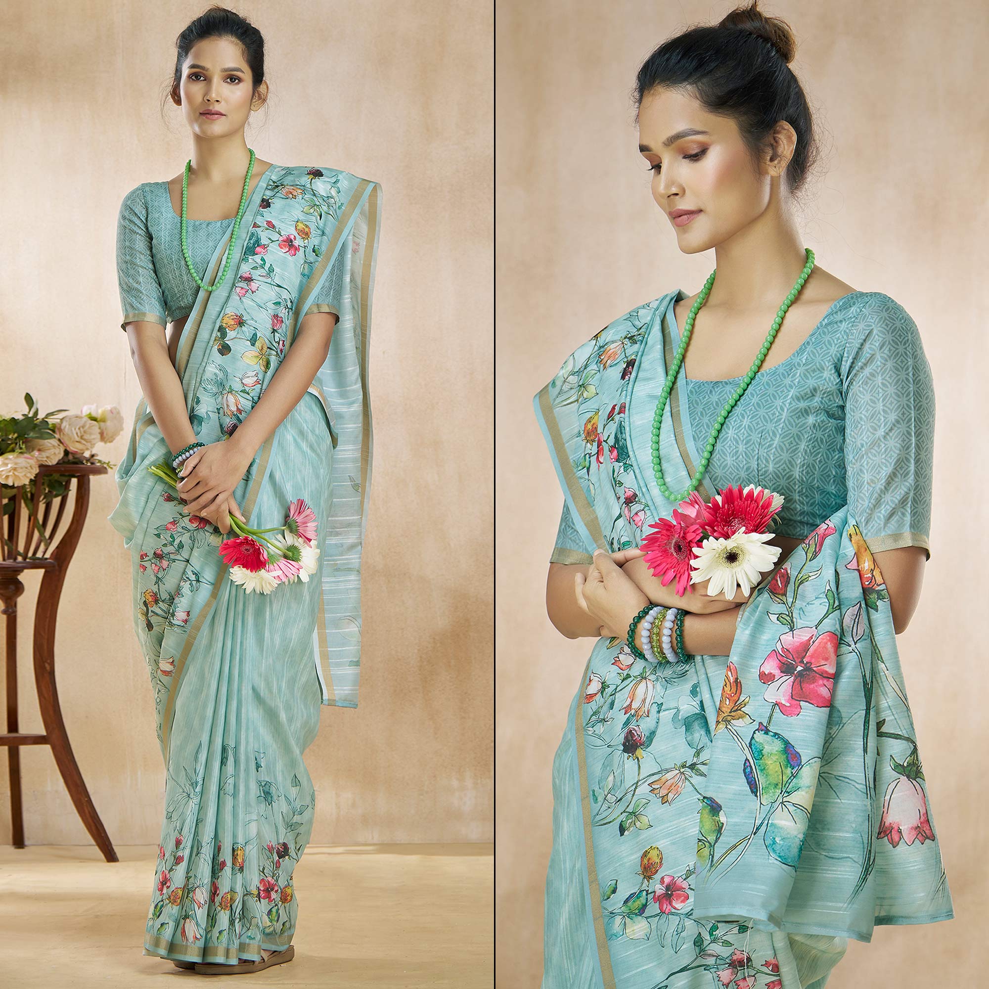 Turquoise Floral Digital Printed Pure Silk Saree