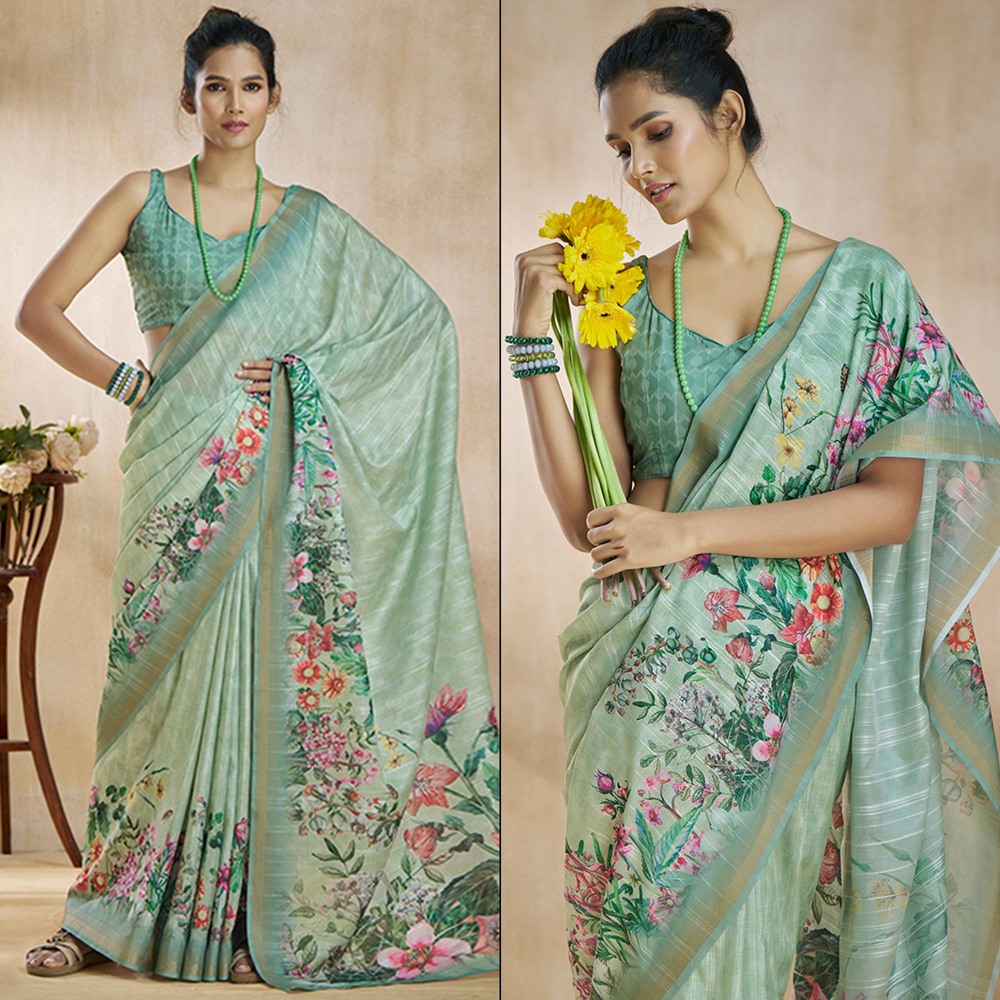 Sea Green Floral Digital Printed Pure Silk Saree