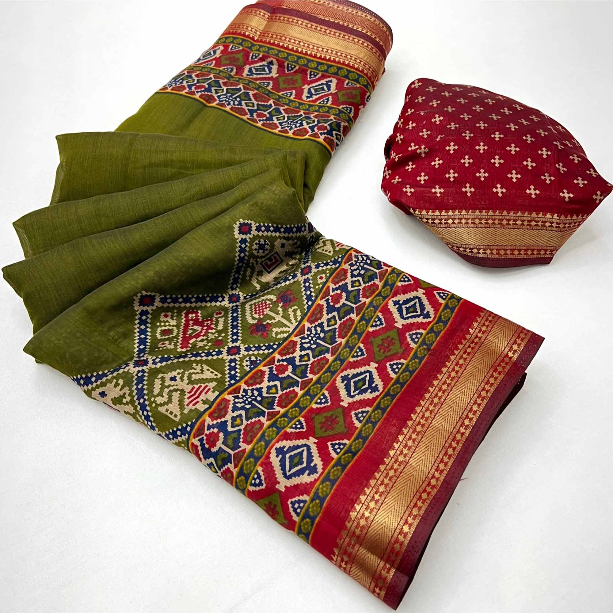 Green Patola Print Saree in Featherlight Mulmul Cotton with Zari Border