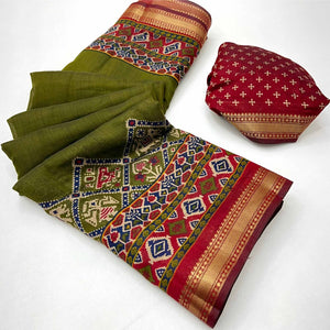 Green Patola Print Saree in Featherlight Mulmul Cotton with Zari Border