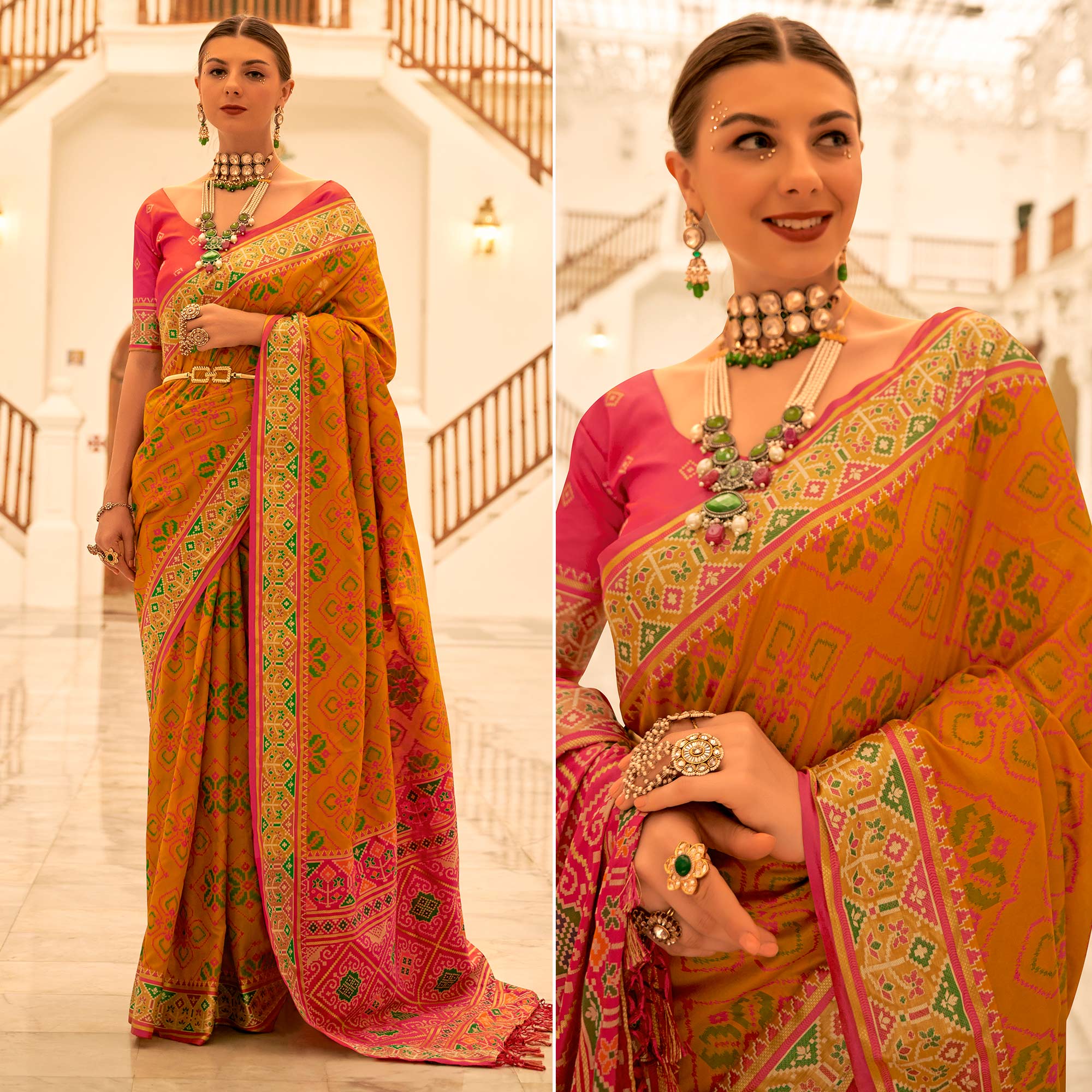 Mustard Patola Printed Banarasi Silk Saree With Tassels