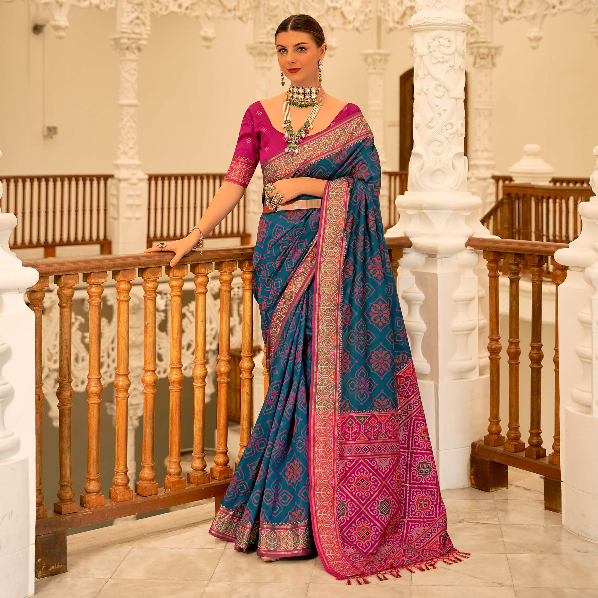 Blue Patola Printed Banarasi Silk Saree With Tassels