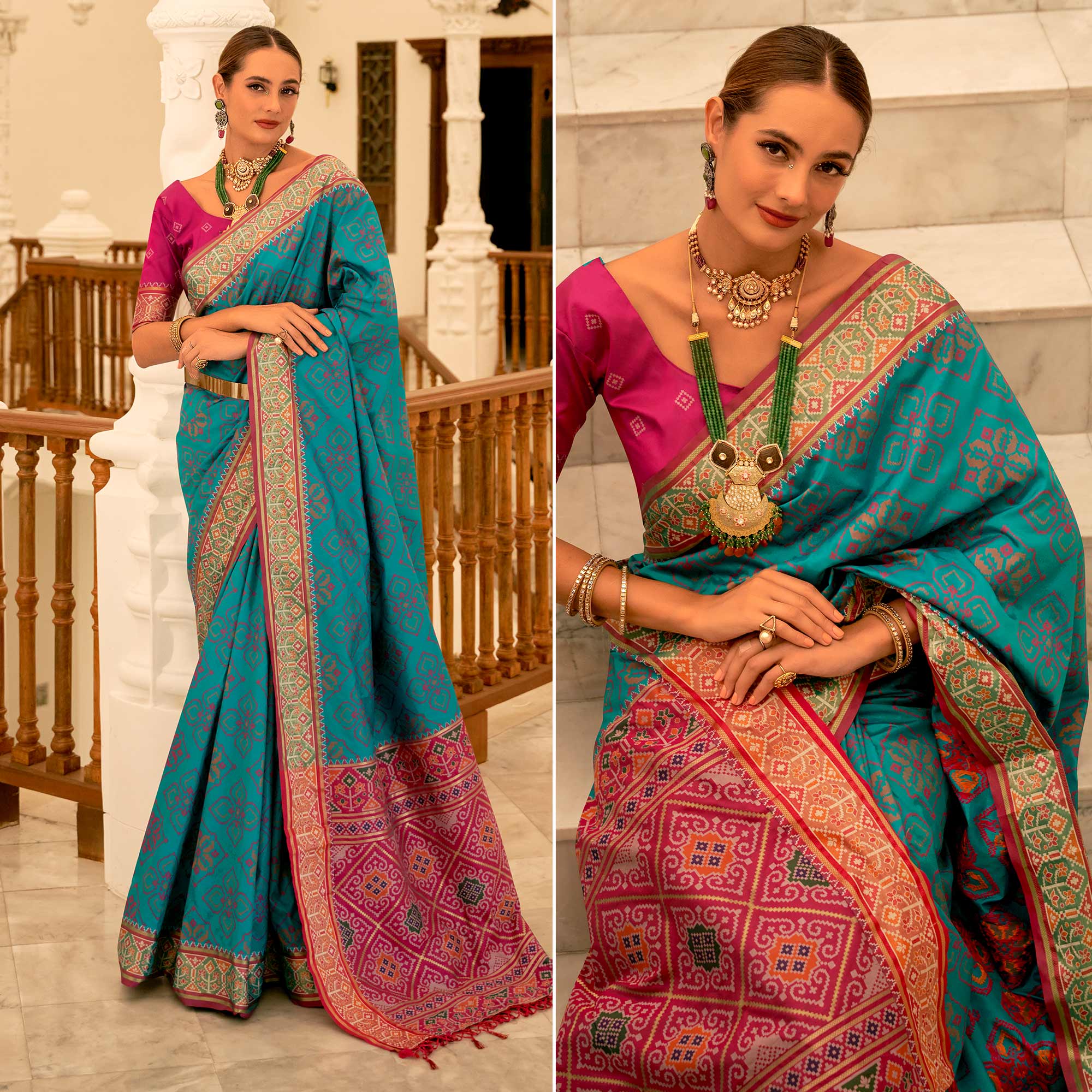 Rama Blue Patola Printed Banarasi Silk Saree With Tassels