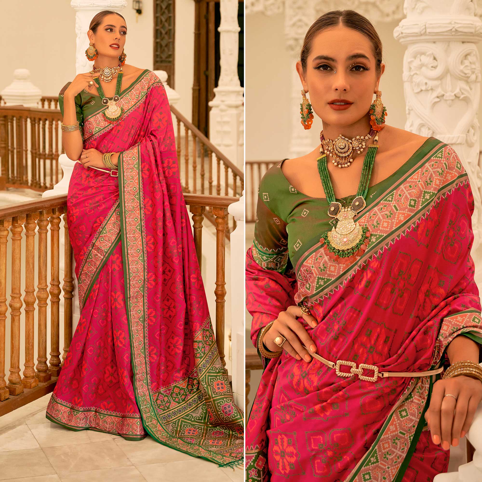 Rani Pink Patola Printed Banarasi Silk Saree With Tassels