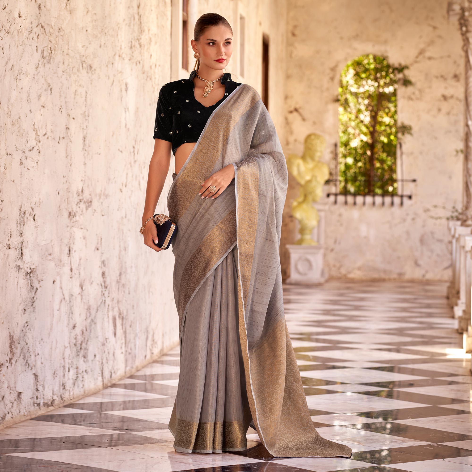 Grey Woven Tissue Saree