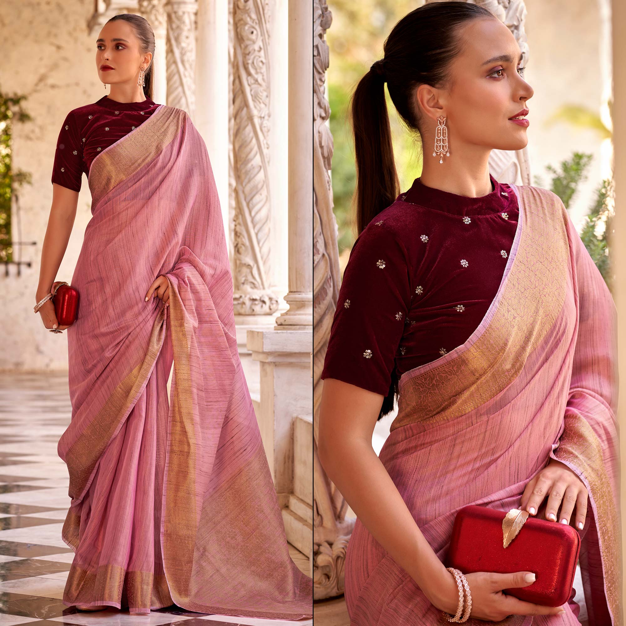 Pink Woven Tissue Saree