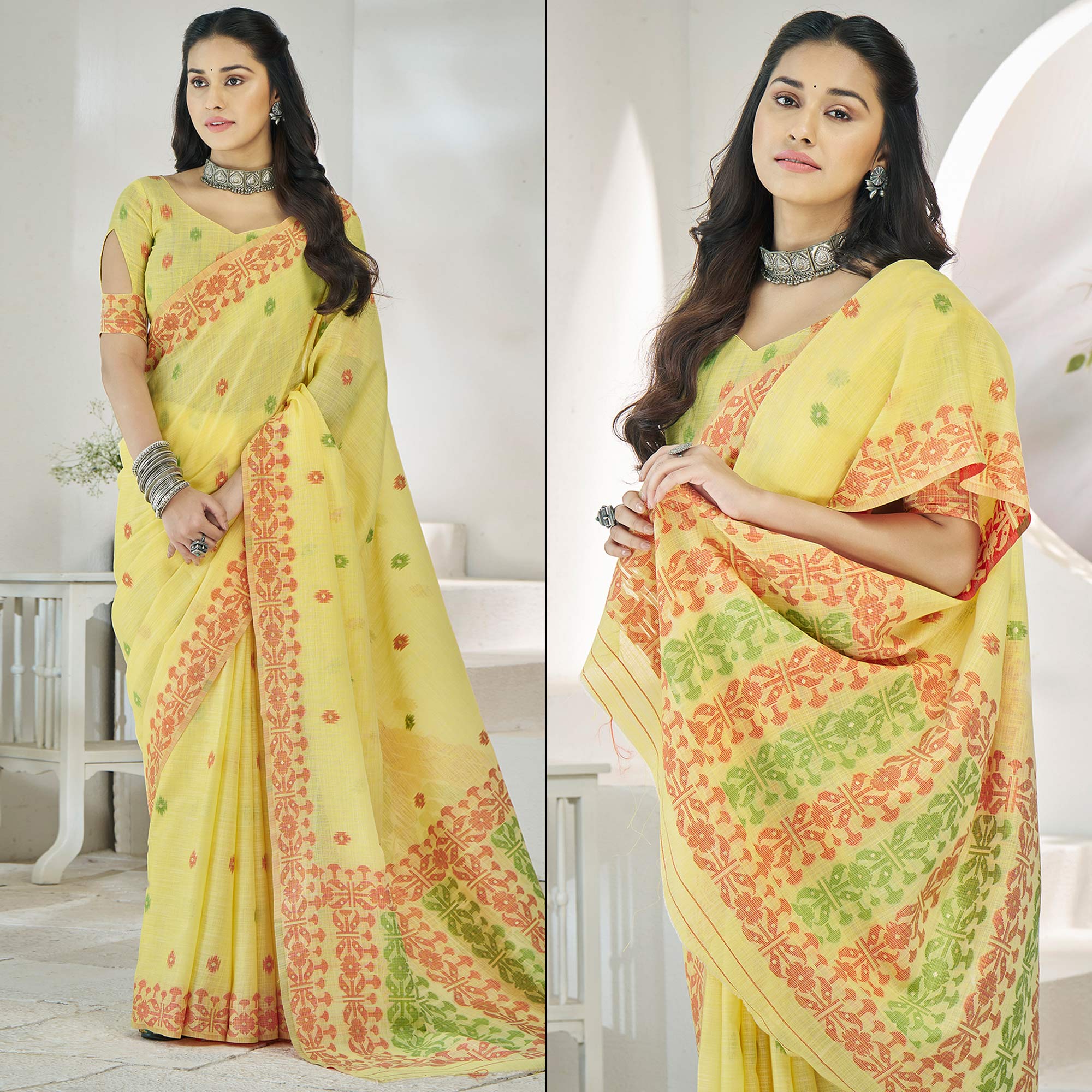 Yellow Floral Woven Cotton Silk Saree