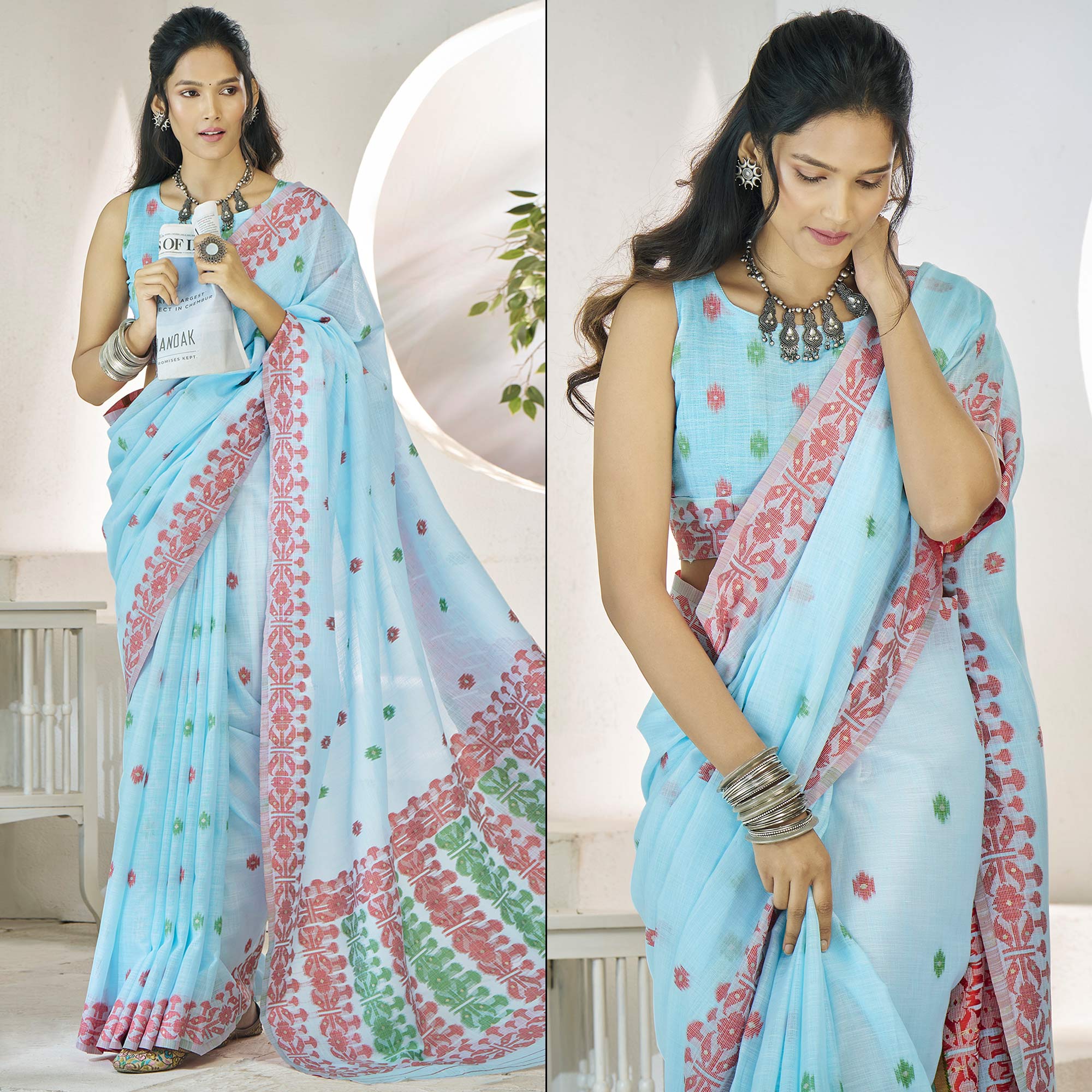 Blue Floral Woven Cotton Silk Saree