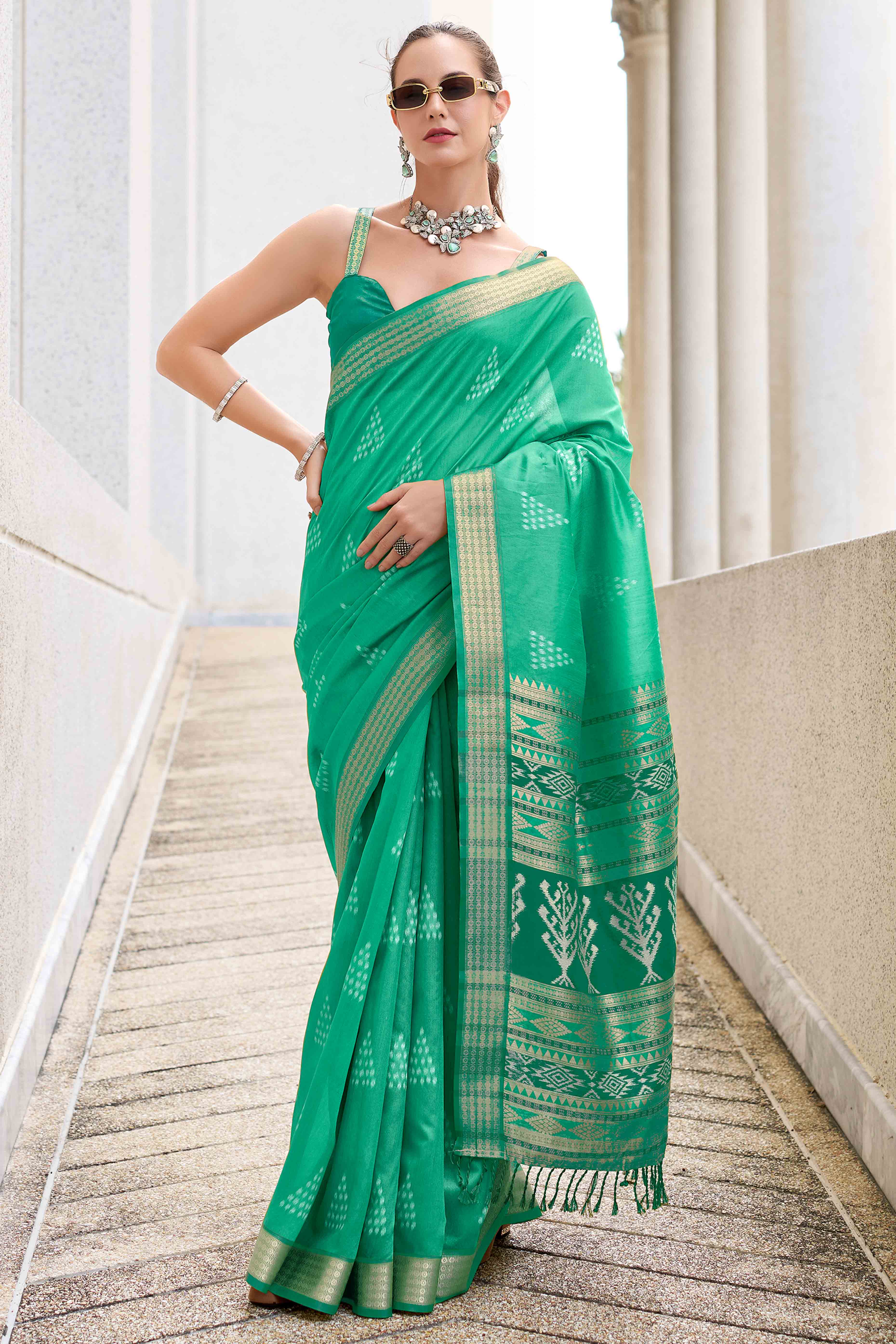 Rama Green Ikkat Woven Rayon Silk Saree