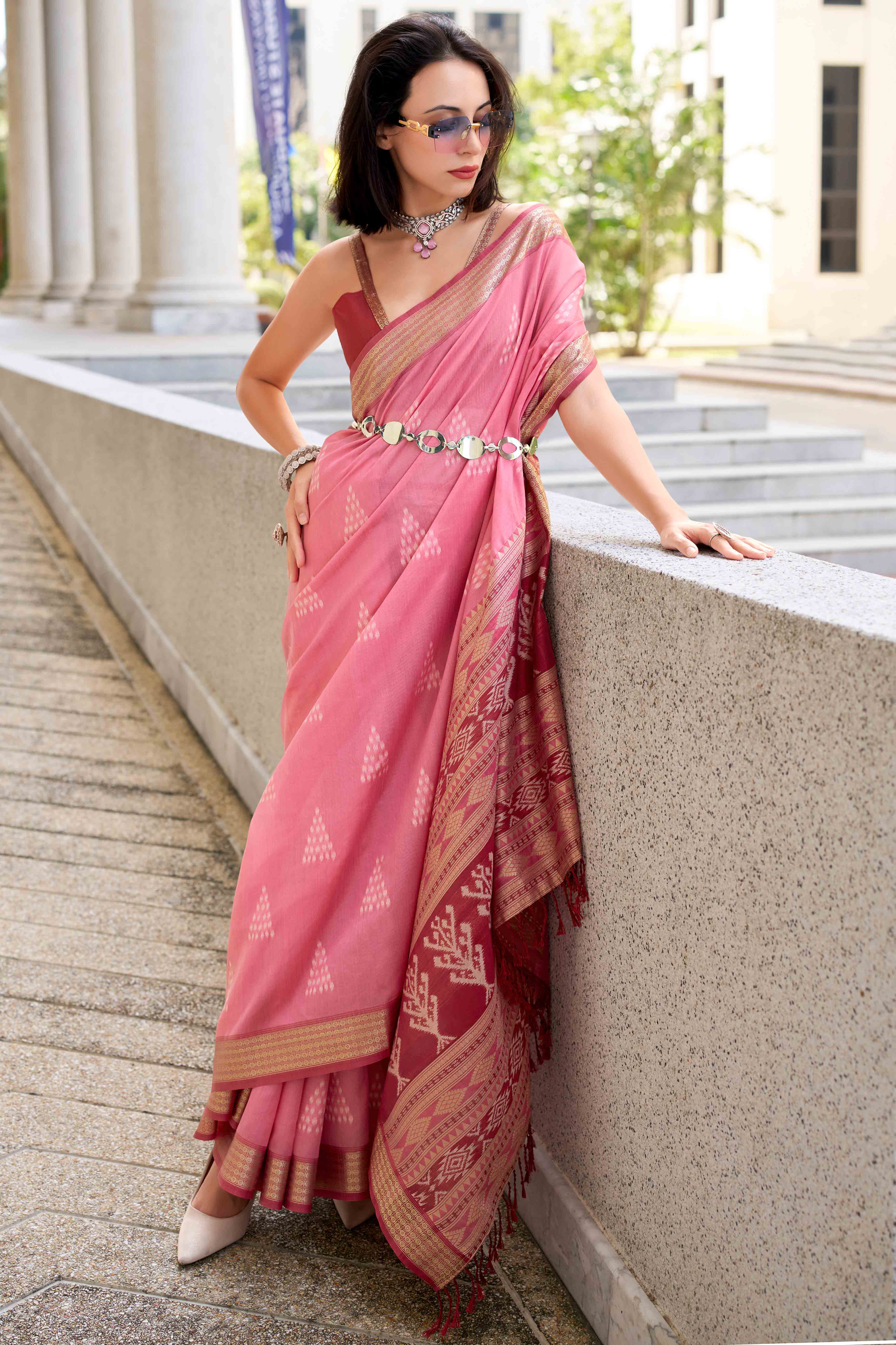 Pink Ikkat Woven Rayon Silk Saree