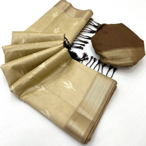 Beige Ikkat Style Rayon Silk Saree with Luxurious Zari Border and Delicate Tassels