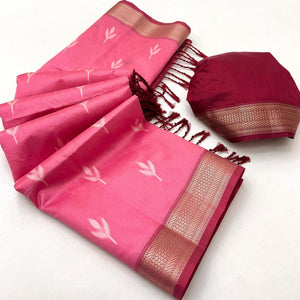 Gajri Pink Ikkat Style Rayon Silk Saree with Luxurious Zari Border and Delicate Tassels