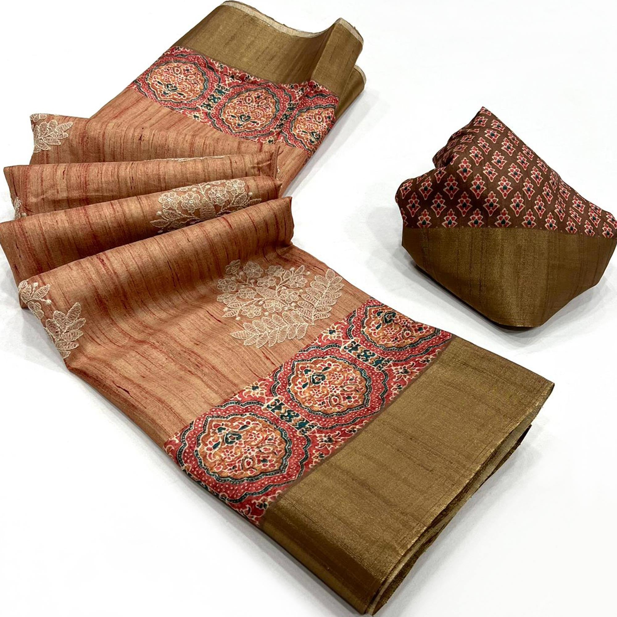 Embroidered Floral Brown Khaadi Saree with Ethnic Weaving Border