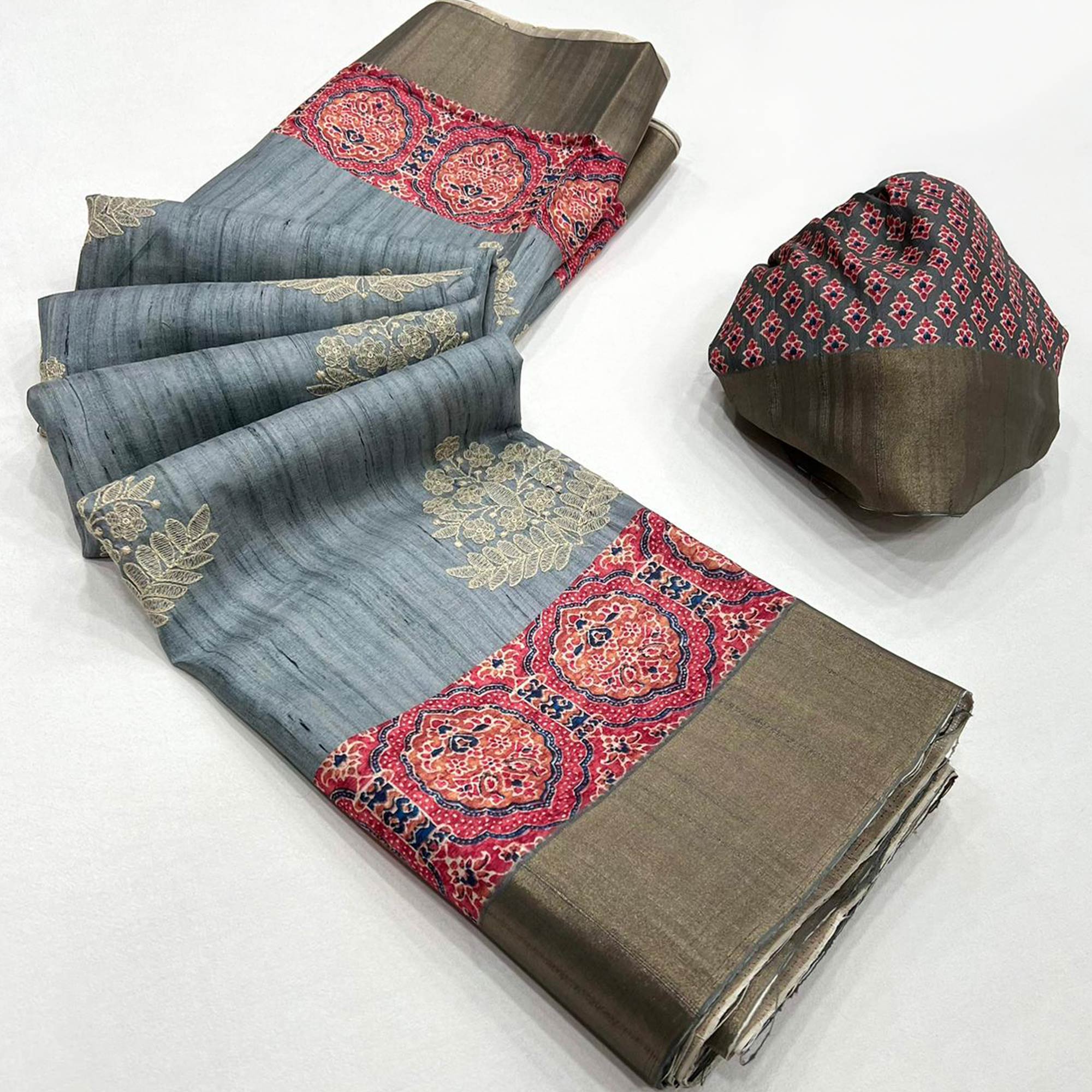 Embroidered Floral Grey Khaadi Saree with Ethnic Weaving Border