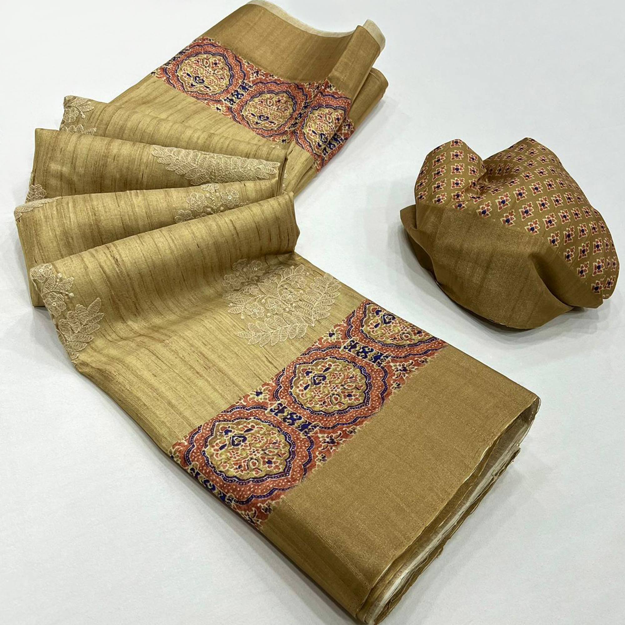 Embroidered Floral Olive Khaadi Saree with Ethnic Weaving Border