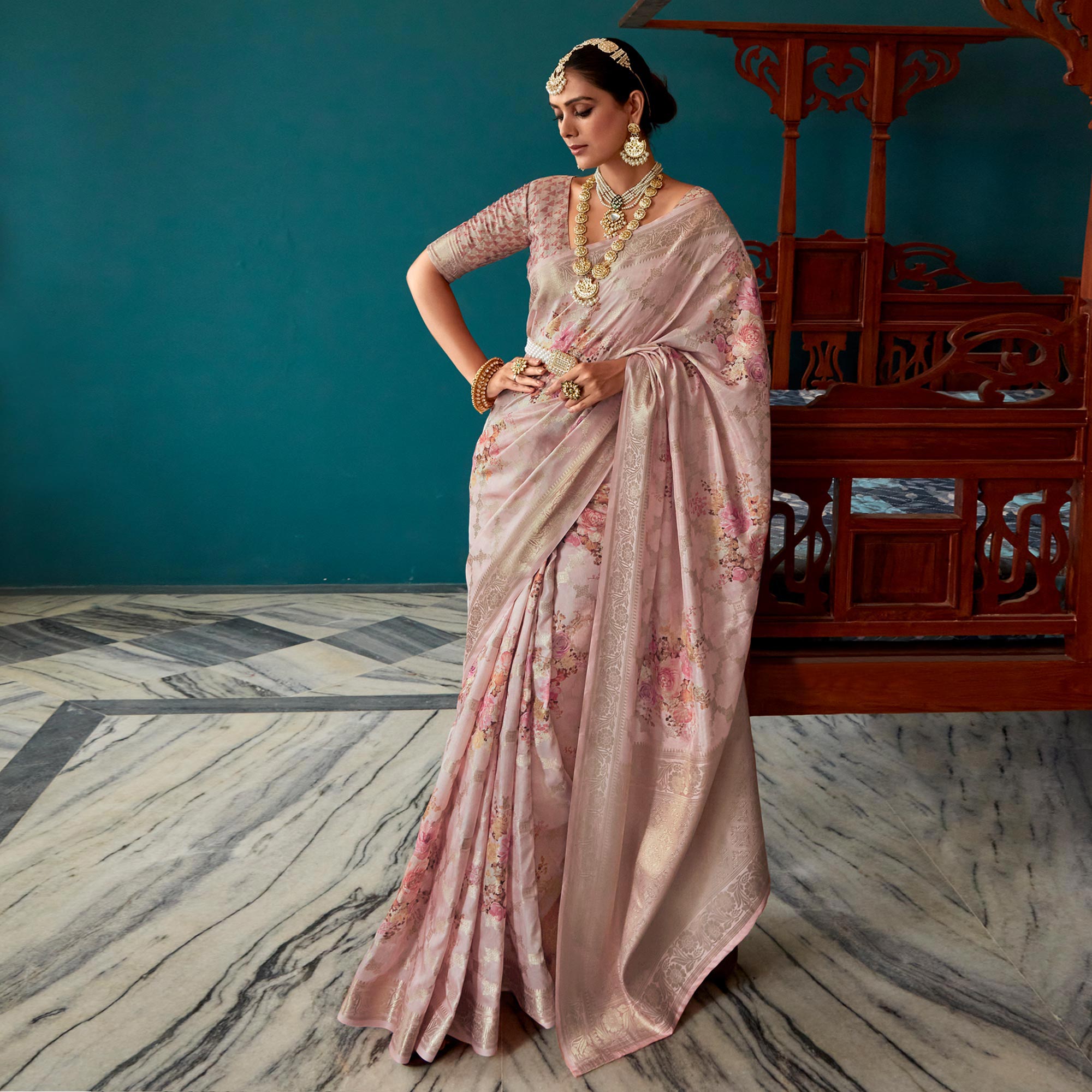 Pink Floral Digital Printed Muslin Saree