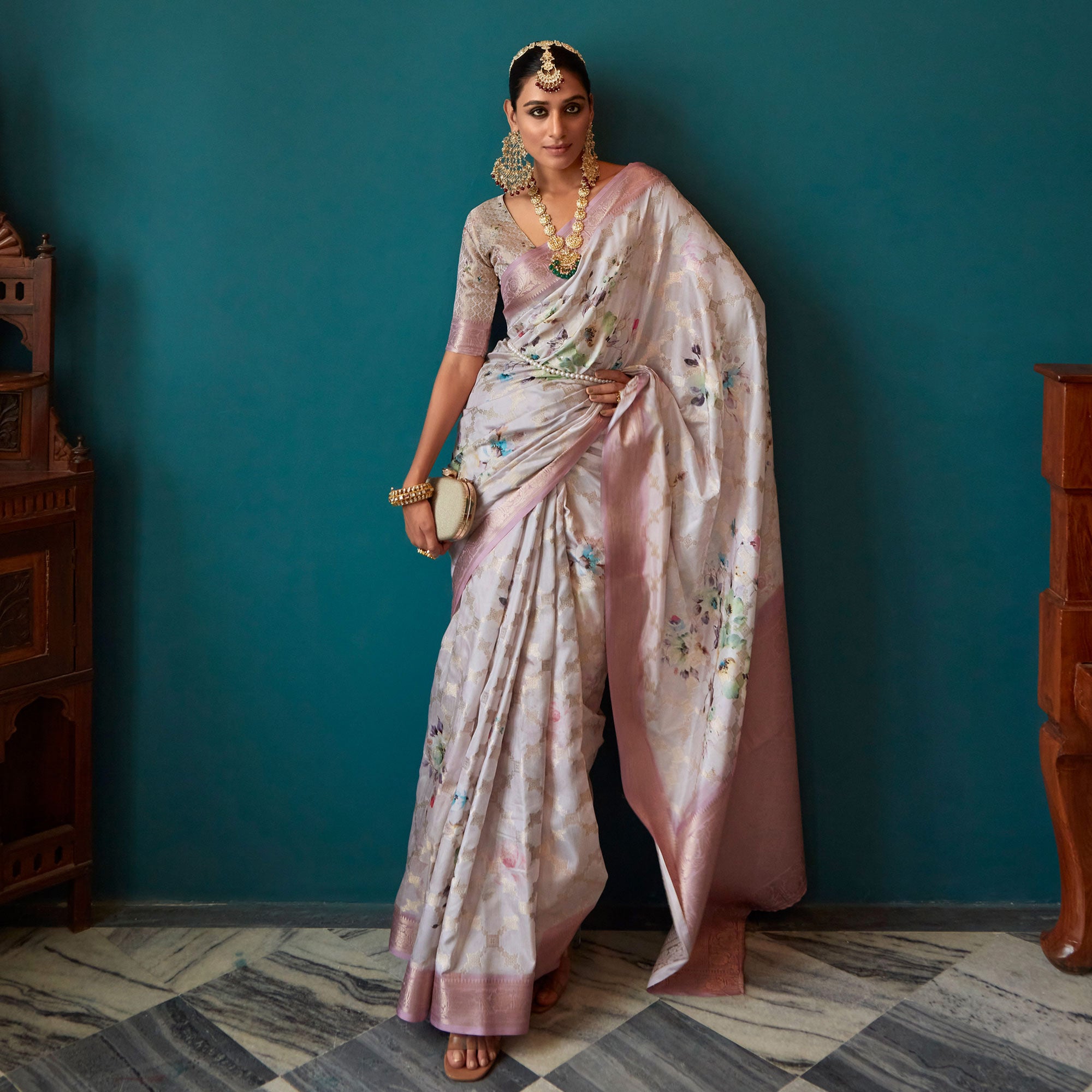 Off White Floral Digital Printed Muslin Saree