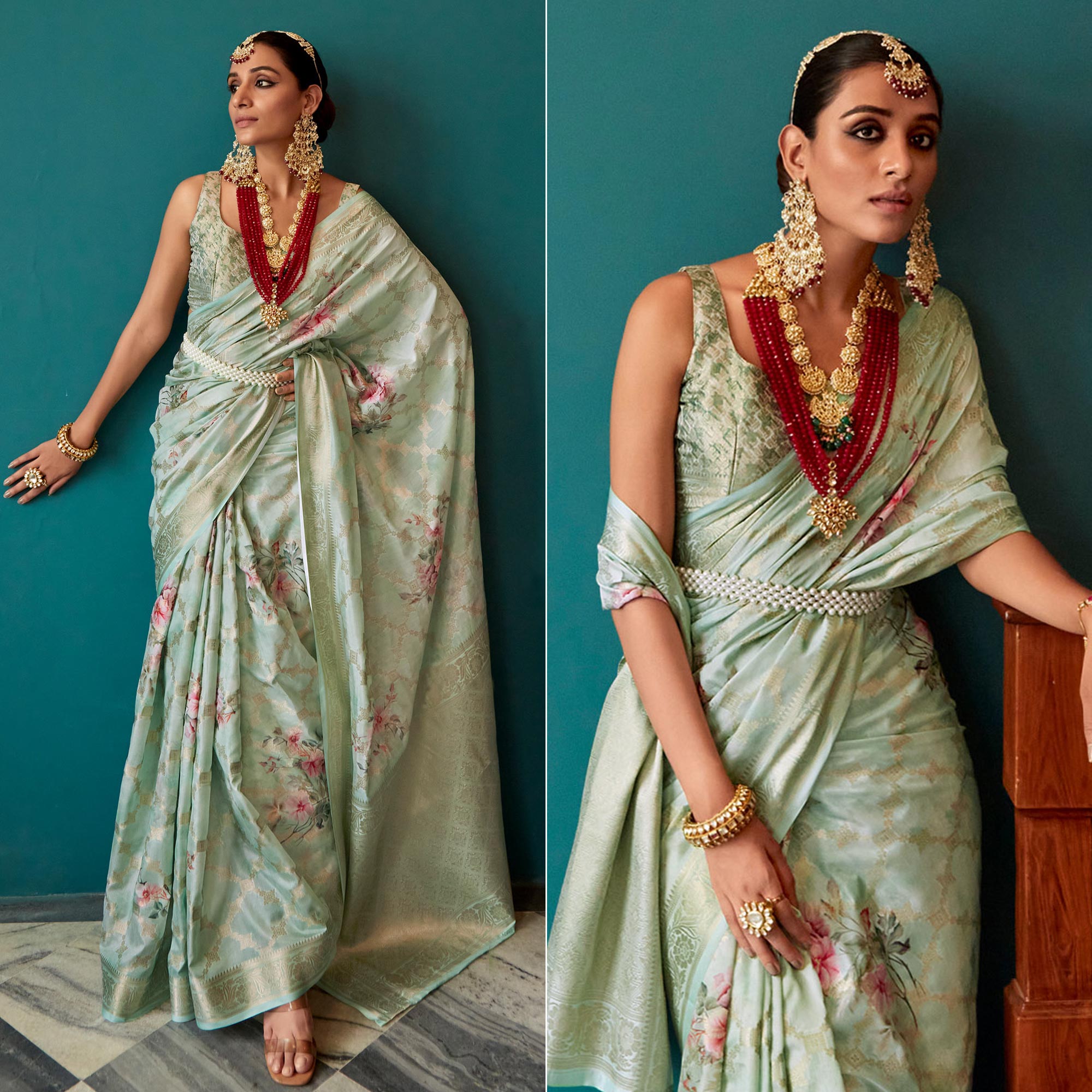 Green Floral Digital Printed Muslin Saree