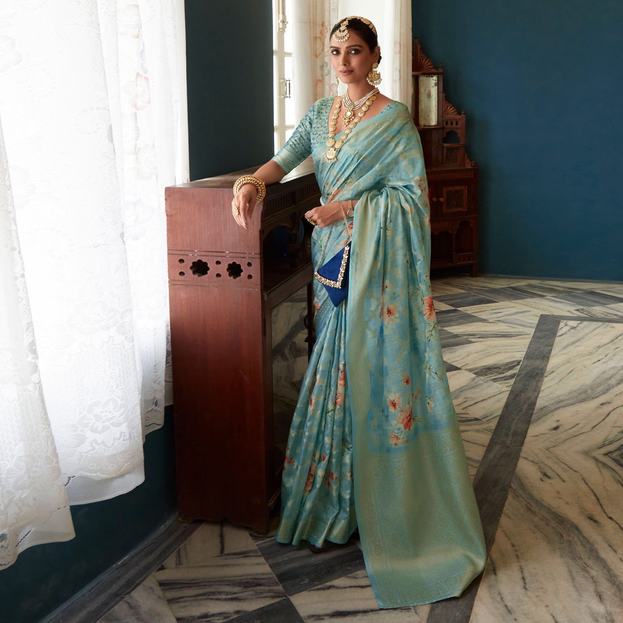 Turquoise Floral Digital Printed Muslin Saree