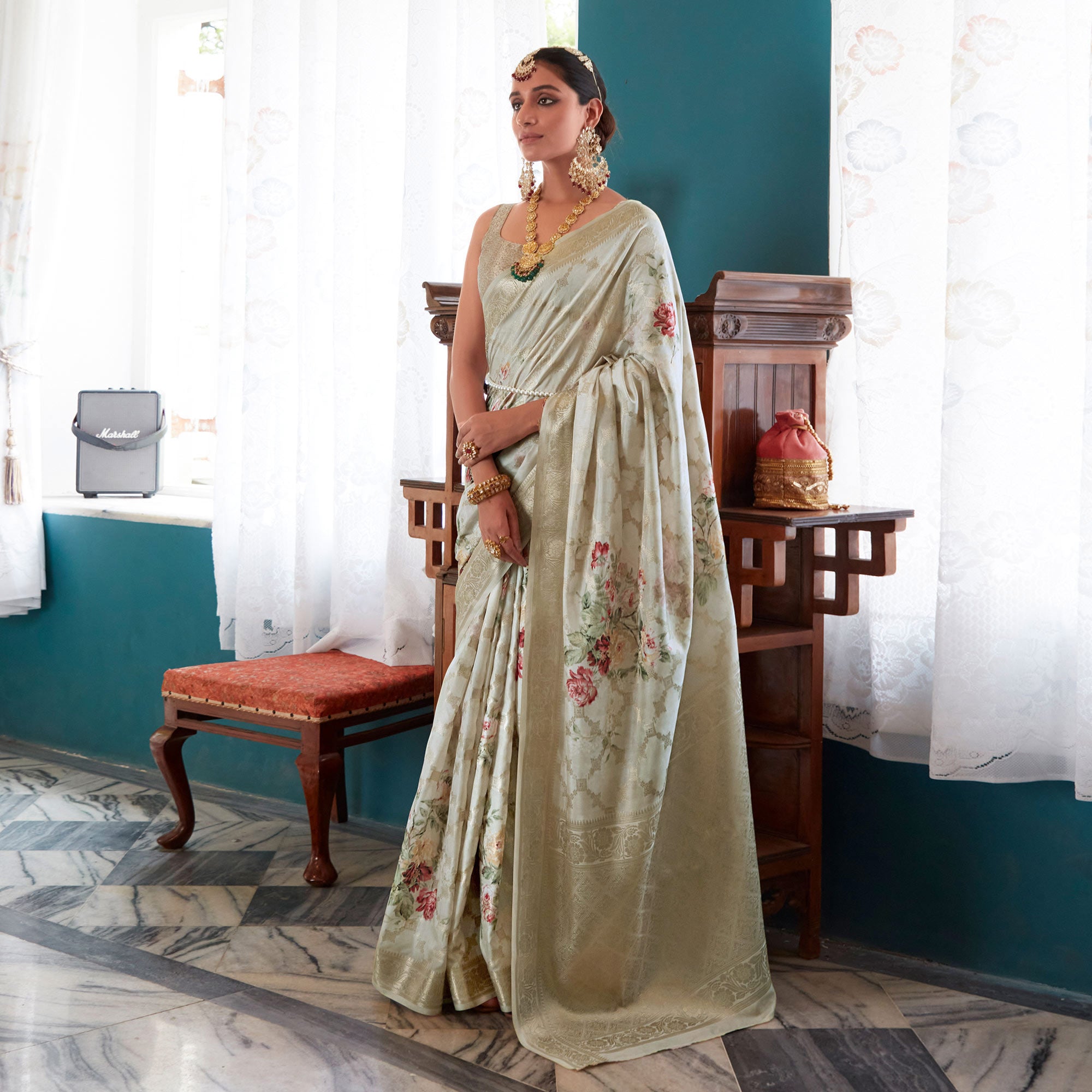 Cream Floral Digital Printed Muslin Saree