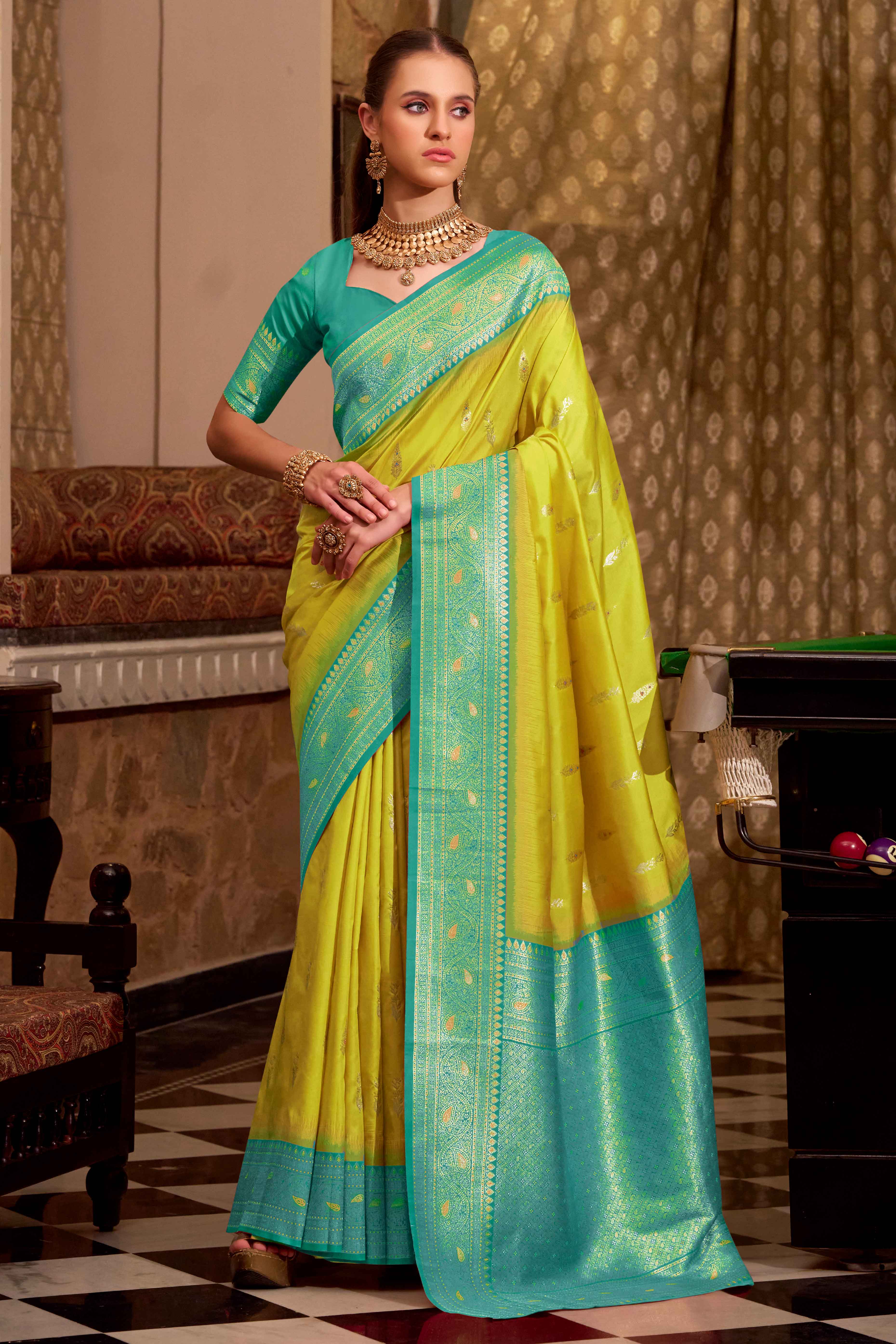 Lime Yellow Pure Silk Saree With Intricate Floral Zari Weaving Work