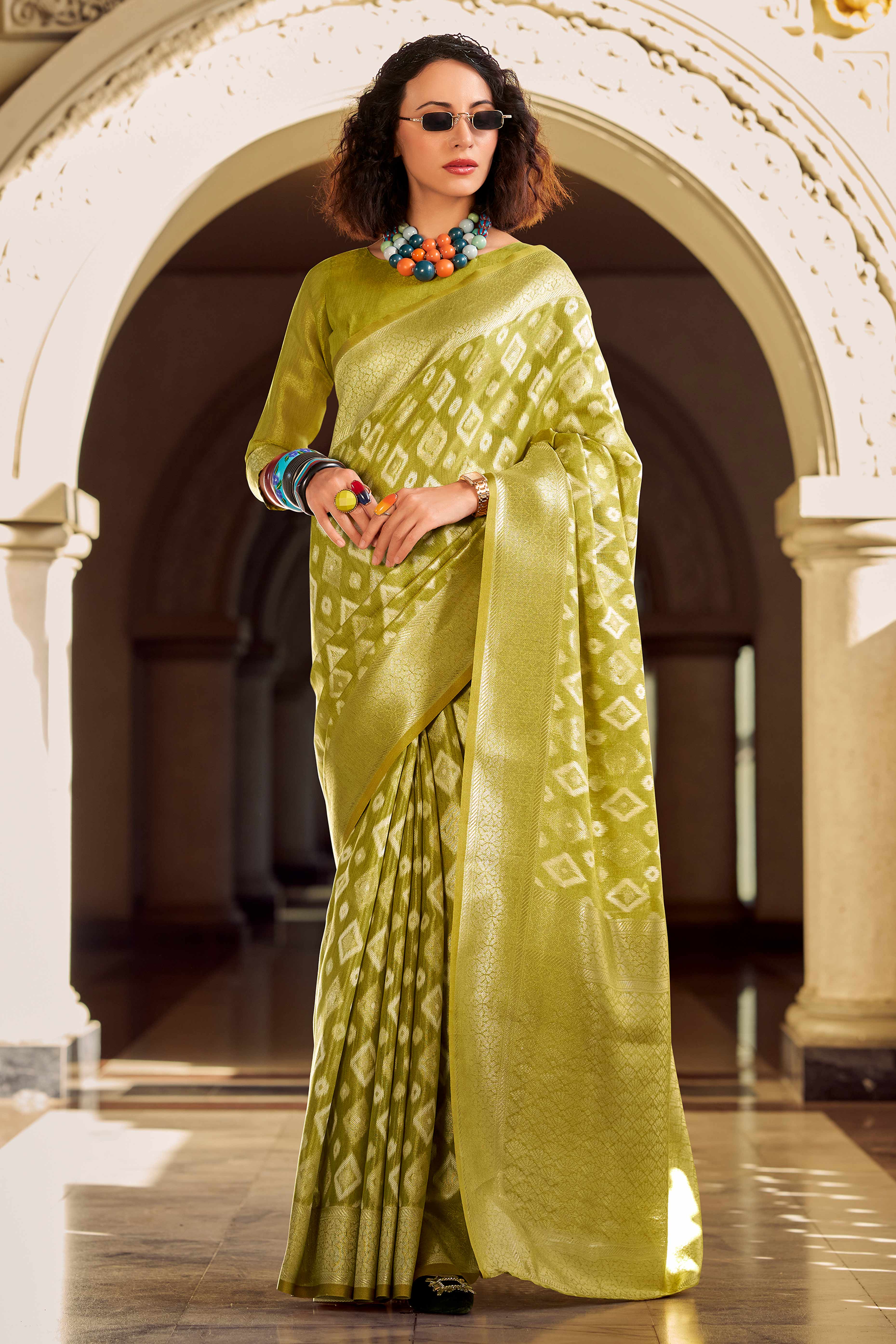 Olive Geometric Pattern Woven Tissue Silk Saree