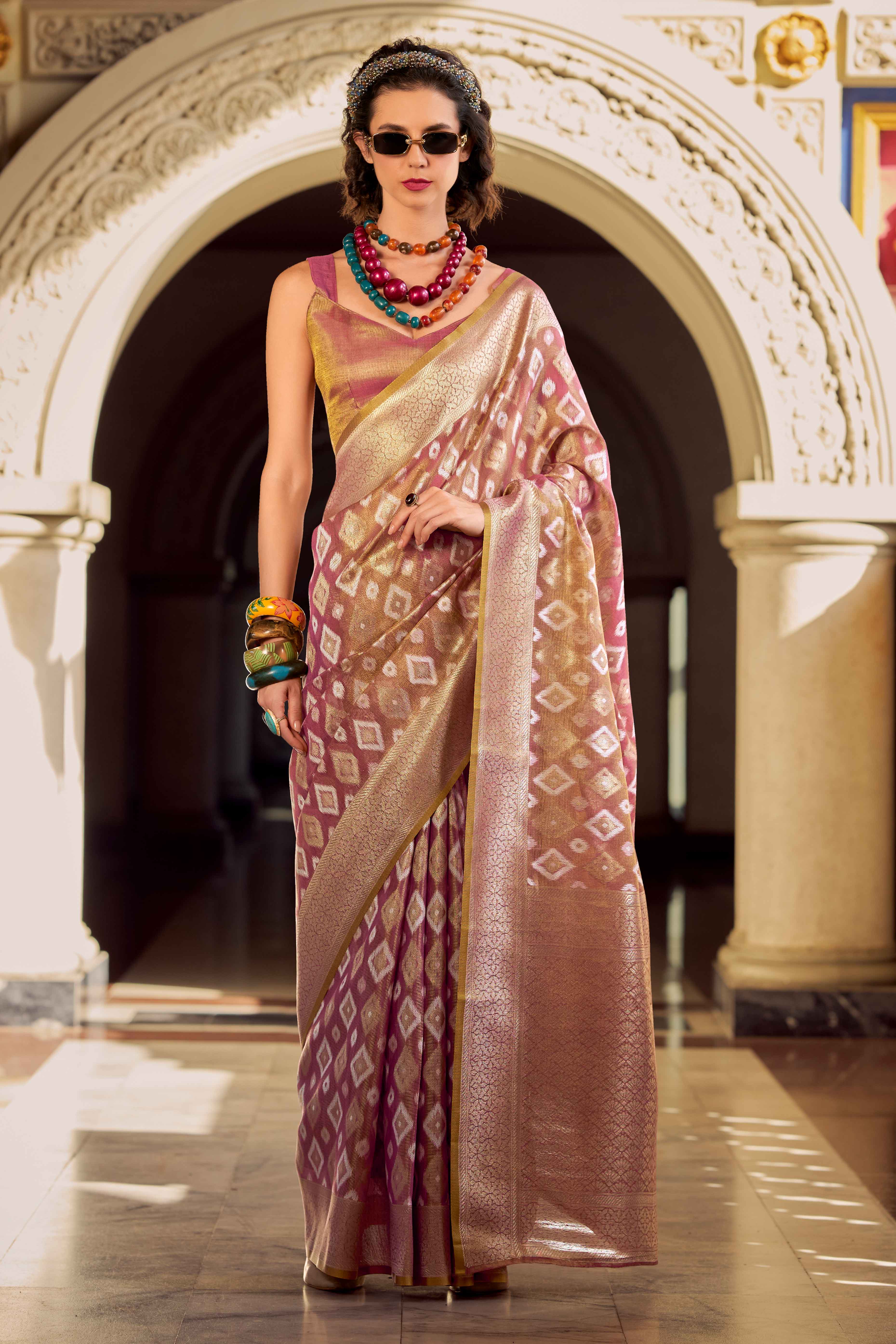 Mauve Geometric Pattern Woven Tissue Silk Saree